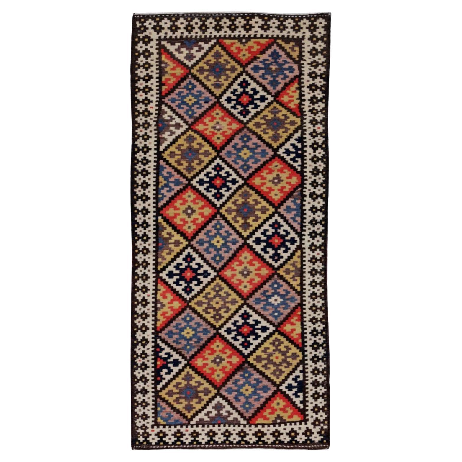 Persischer Kilim Kleiner Teppich CIRCA 1910 - Wolle Blau Elfenbein Orange Rosa Gelb - 91556