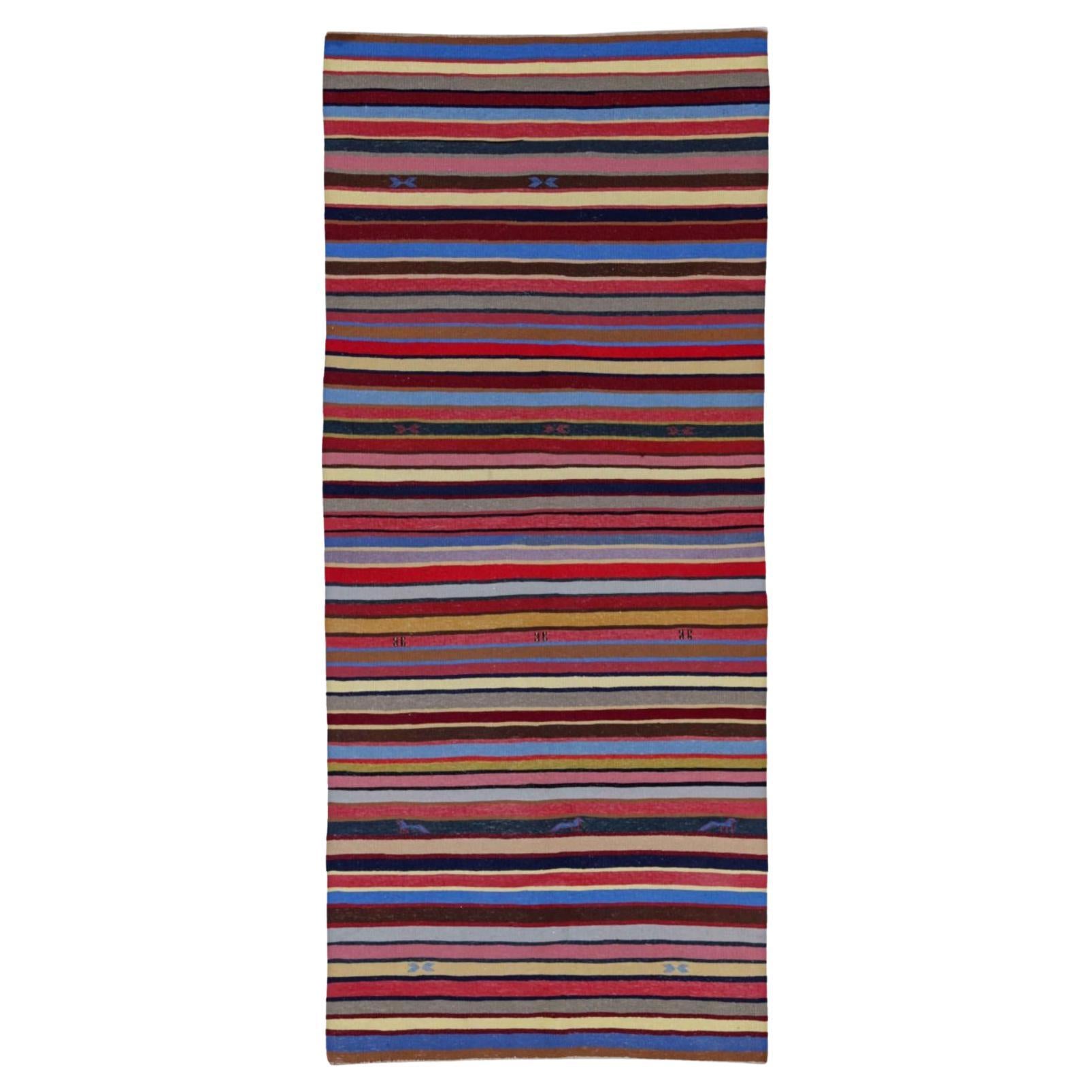 Persischer Kilim Kleiner Teppich CIRCA 1910 - Wolle Blau Elfenbein Rosa Rot Gelb - 91325