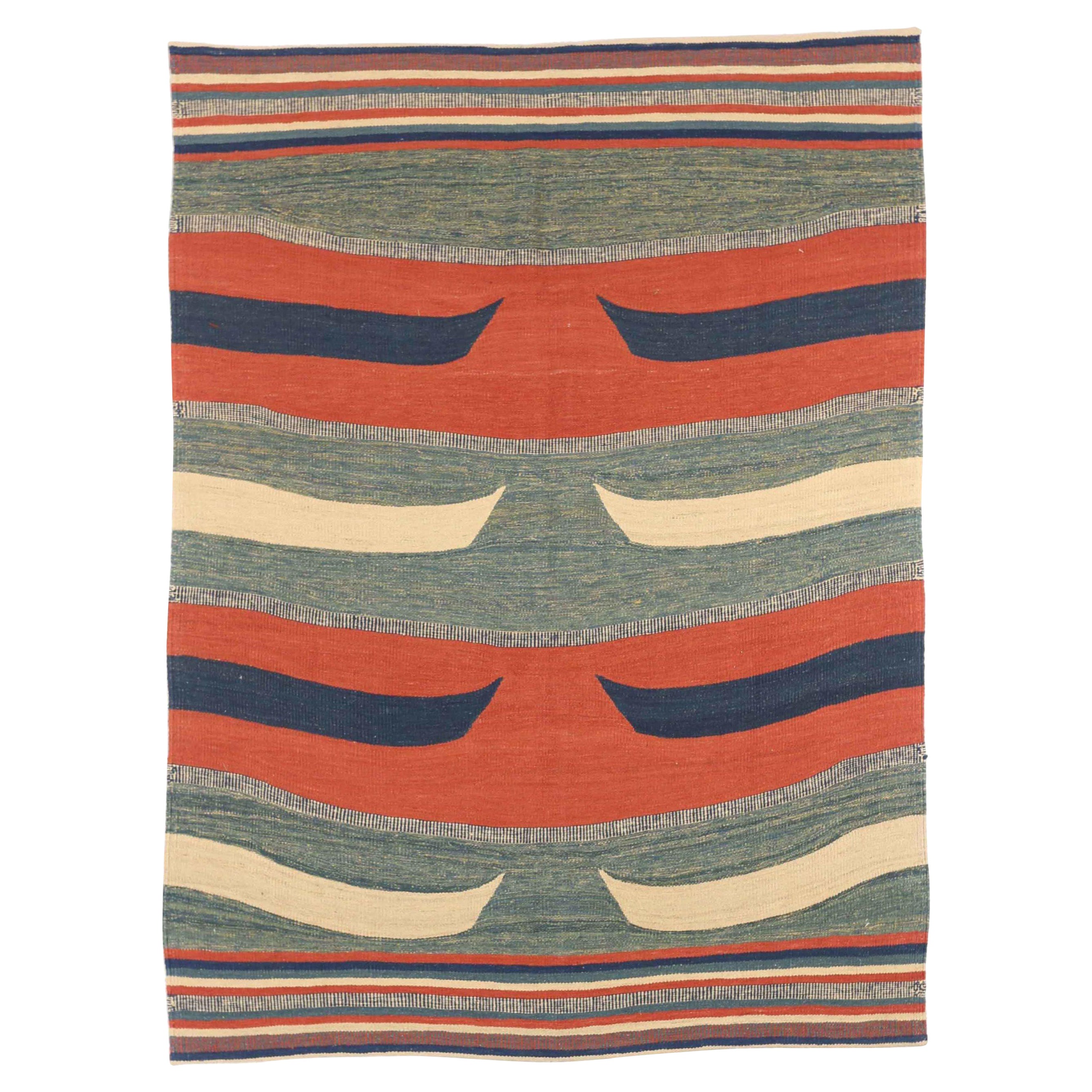 Alfombra Persa Kilim Pequeña Circa 1910 - Lana Azul Marfil Rojo 72934