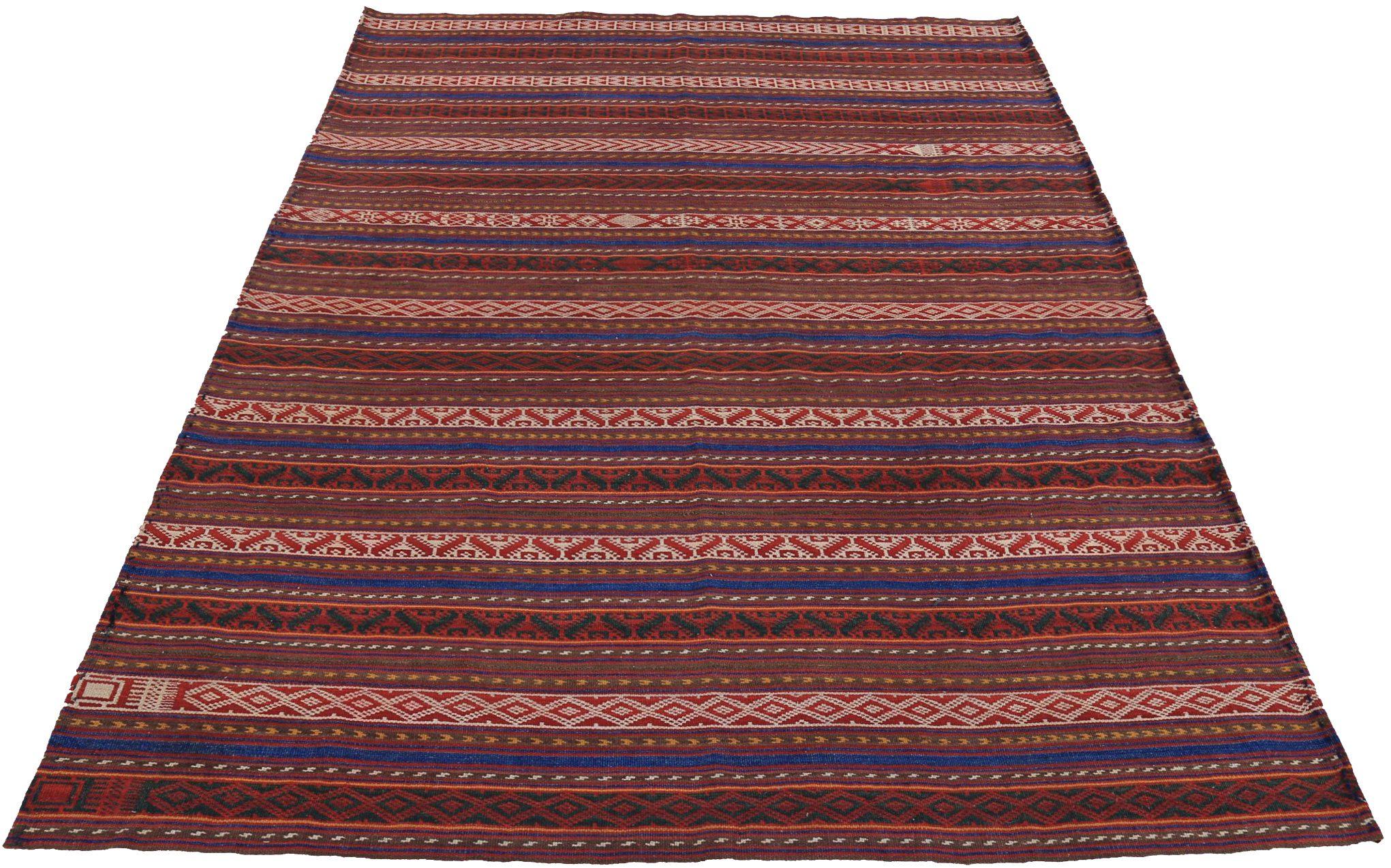 Entdecken Sie die Eleganz eines persischen Kilims mit einem kleinen Teppich von CIRCA 1910. Dieses exklusive Design aus Wolle und Blau-Elfenbein-Rot ist perfekt, um Ihren Raum zu verschönern.