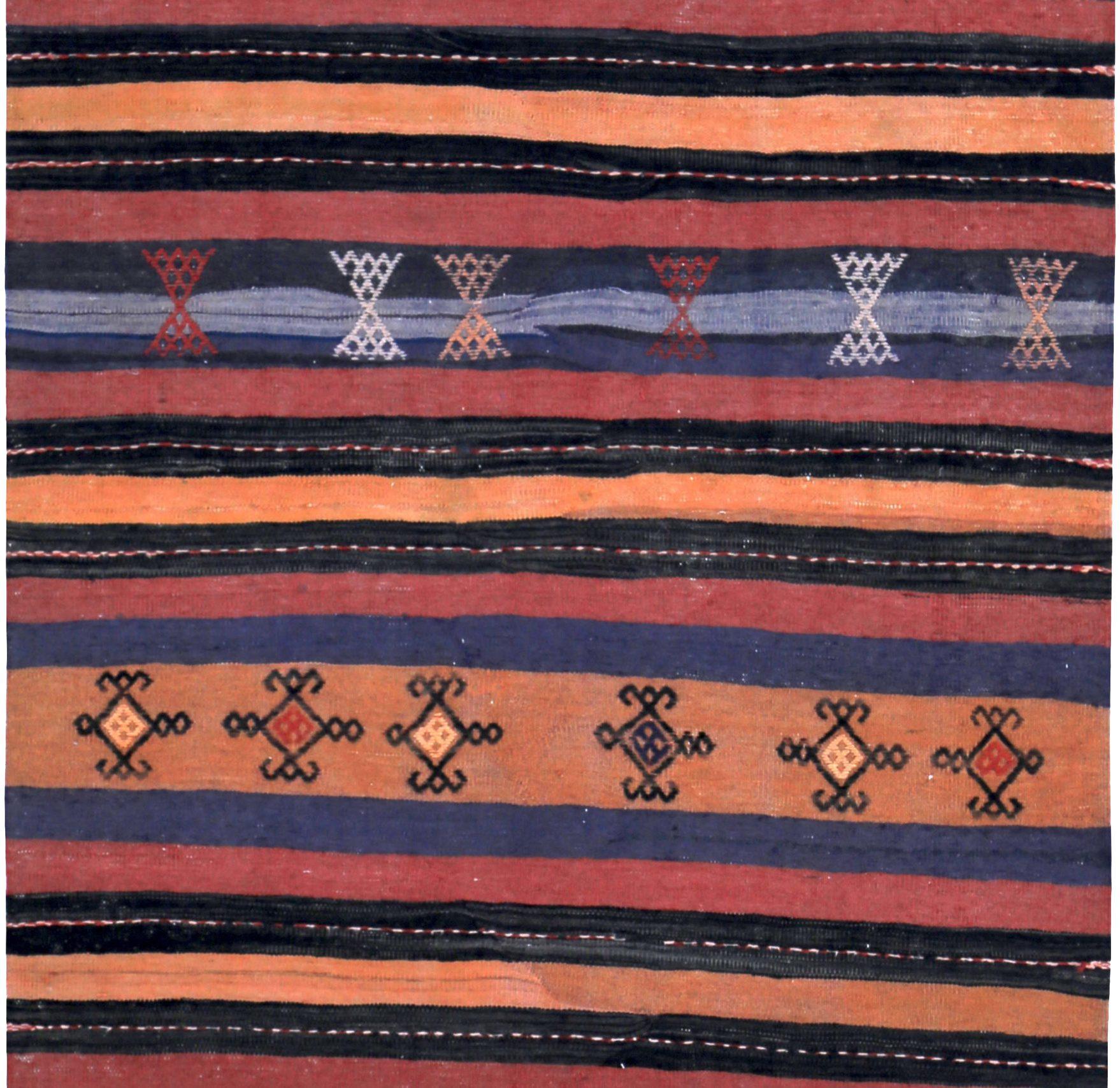 Alfombra Persa Kilim Pequeña Circa 1910 - Lana Azul Naranja Diseño Rosa - 89426 Asiático en venta