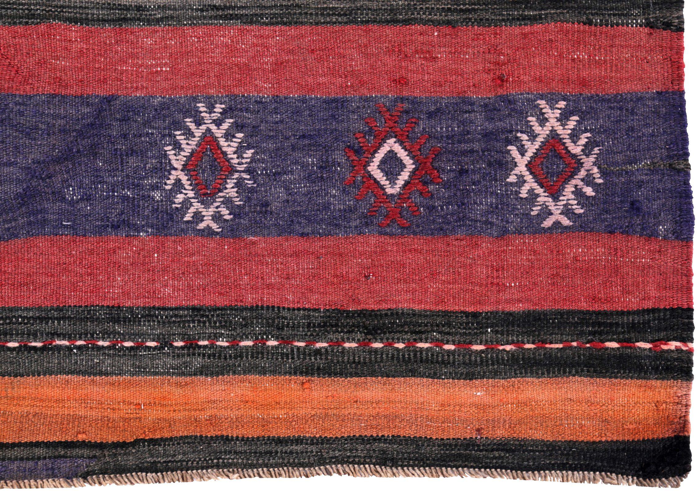 Alfombra Persa Kilim Pequeña Circa 1910 - Lana Azul Naranja Diseño Rosa - 89426 en Excelente estado para la venta en Dallas, TX