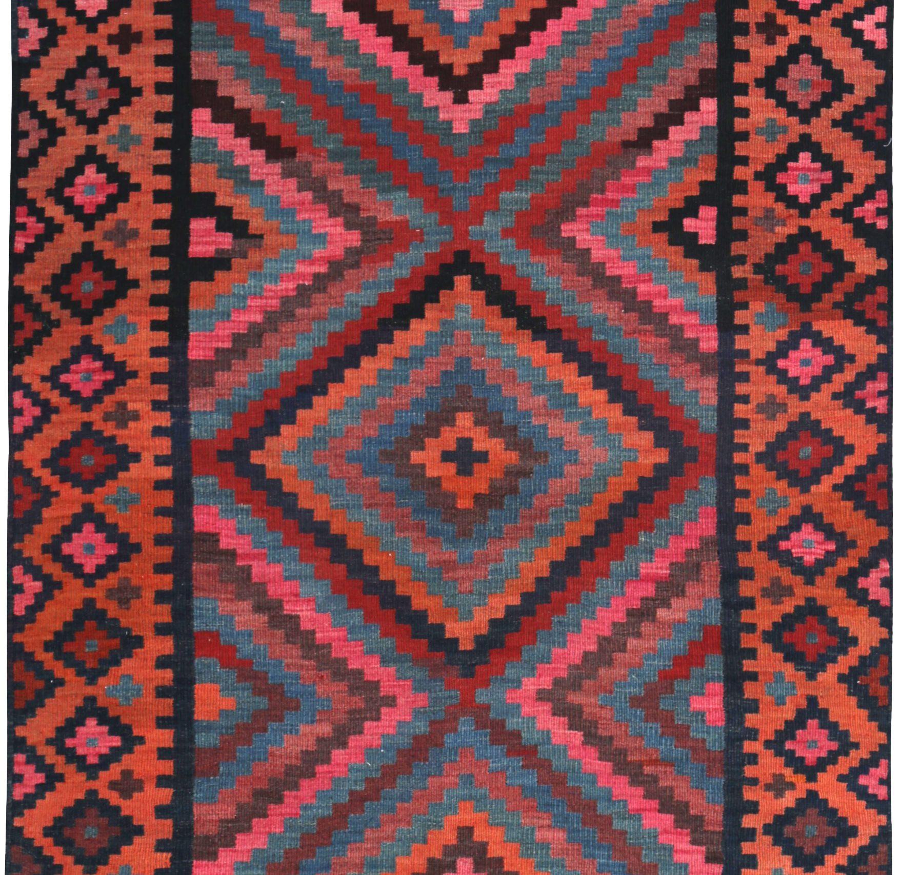 Persischer Kelim-Teppich Circa 1910 - Wolle Blau Orange Rosa Design - 89561 (Asiatisch) im Angebot