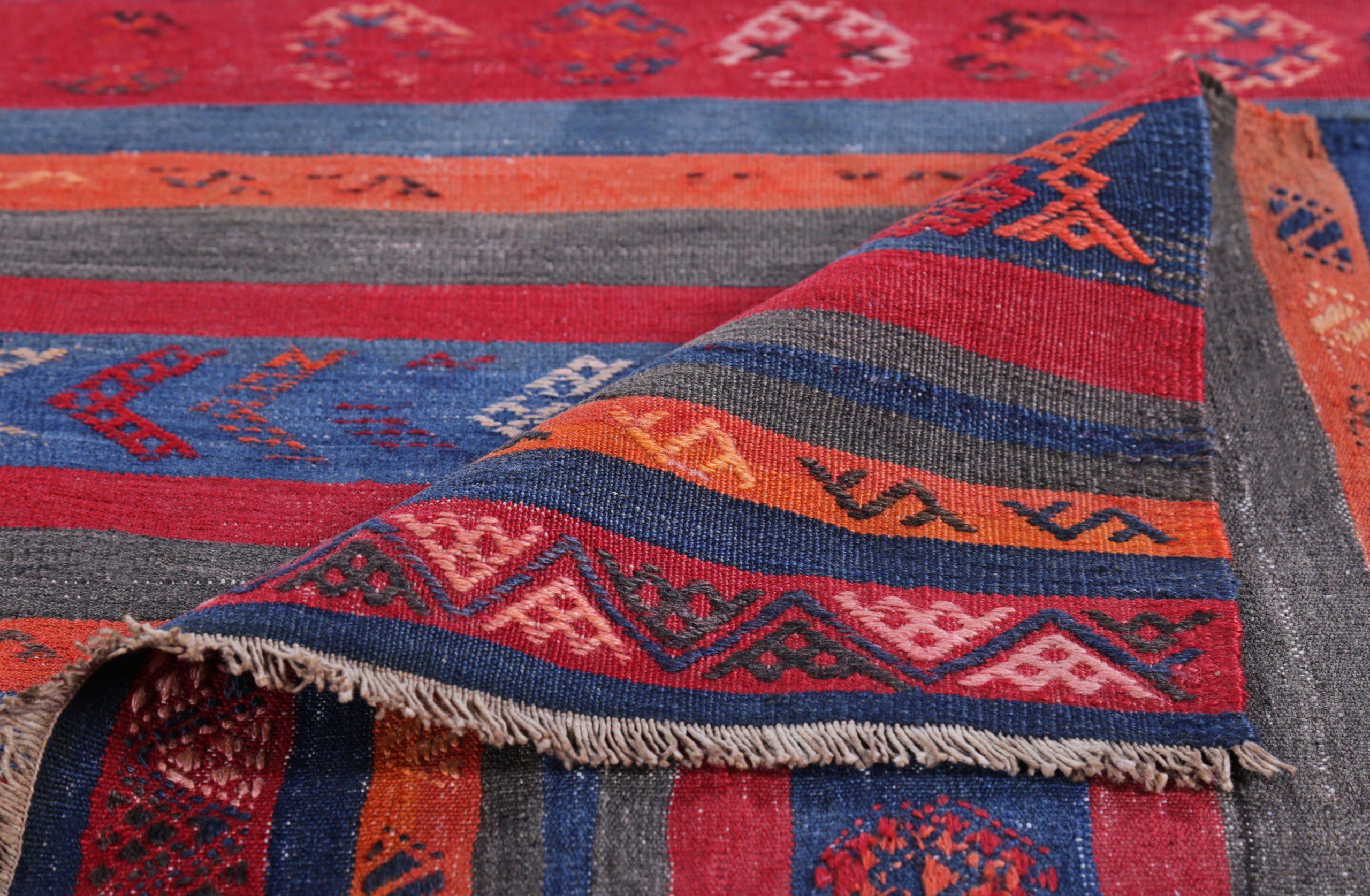 Persischer Kelim-Teppich Circa 1910 - Wolle Blau Orange Rot Design - 89465 im Zustand „Hervorragend“ im Angebot in Dallas, TX
