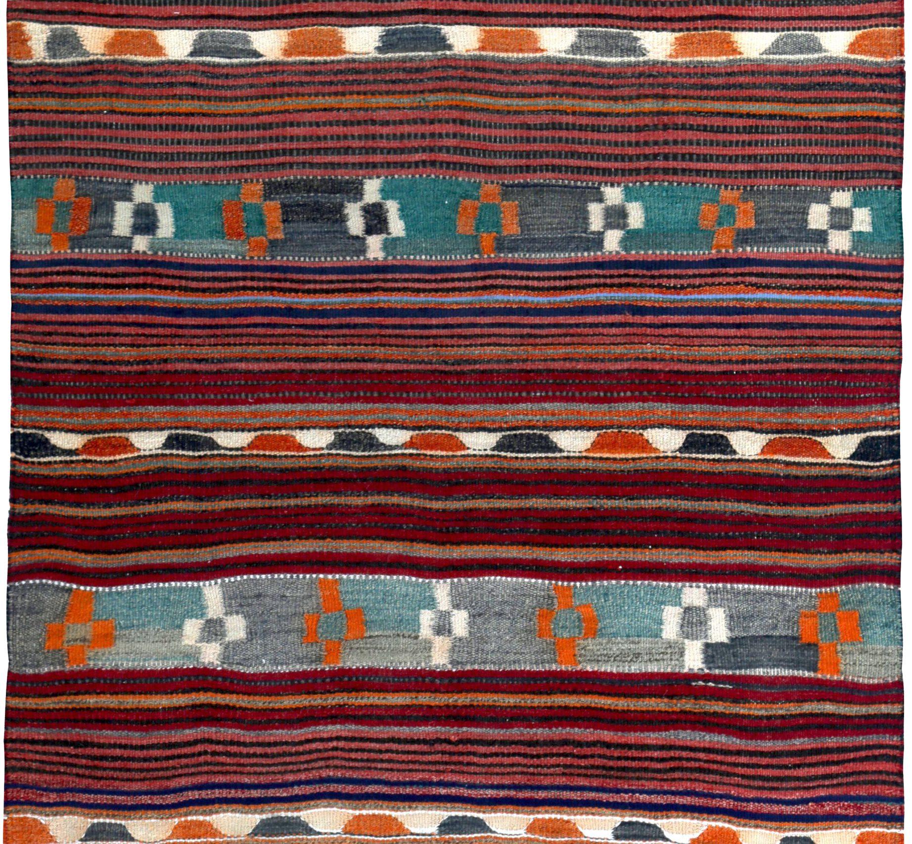 Persischer Kelim-Teppich Circa 1910 - Wolle Blau Orange Rot Design - 89490 (Asiatisch) im Angebot