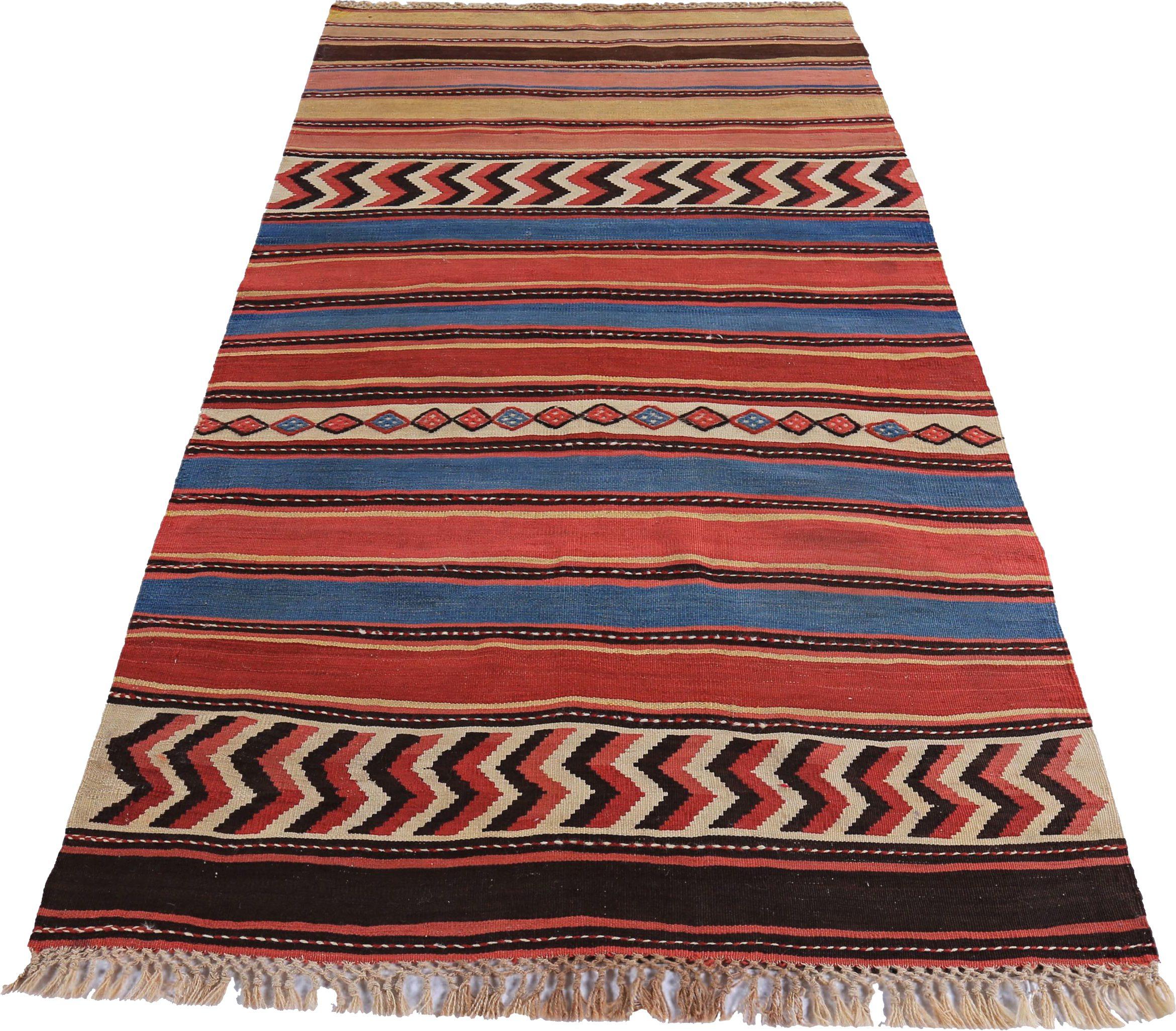 Entdecken Sie die Eleganz eines persischen Kilims mit einem kleinen Teppich von CIRCA 1910. Dieses exklusive Design aus Wolle und BlauRotGelb ist perfekt, um Ihren Raum zu verschönern.
