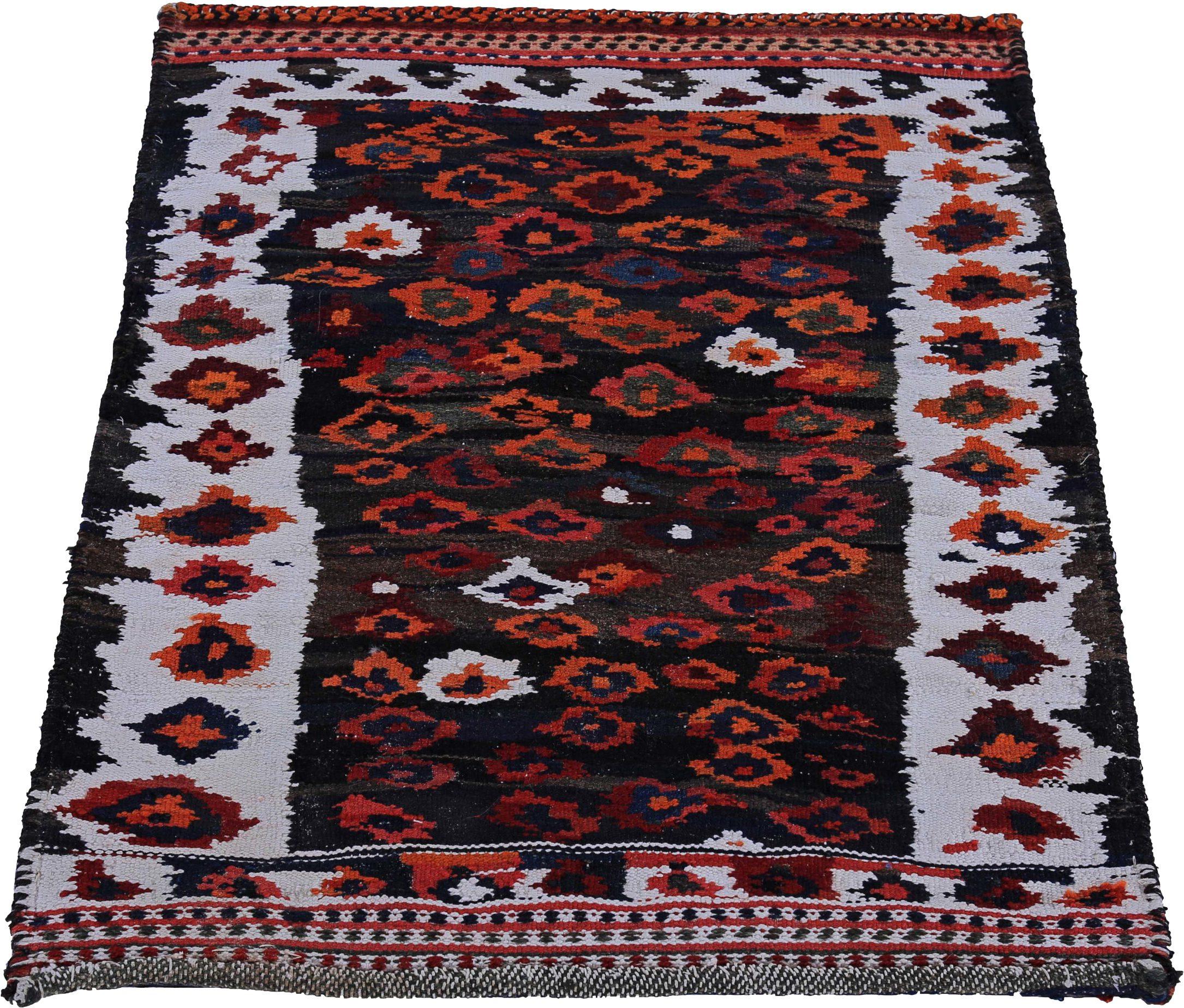 Entdecken Sie die Eleganz eines persischen Kilims mit einem kleinen Teppich von CIRCA 1910. Dieses exklusive Design aus Wolle und Braun-Elfenbein-Orange ist perfekt, um Ihren Raum zu verschönern.