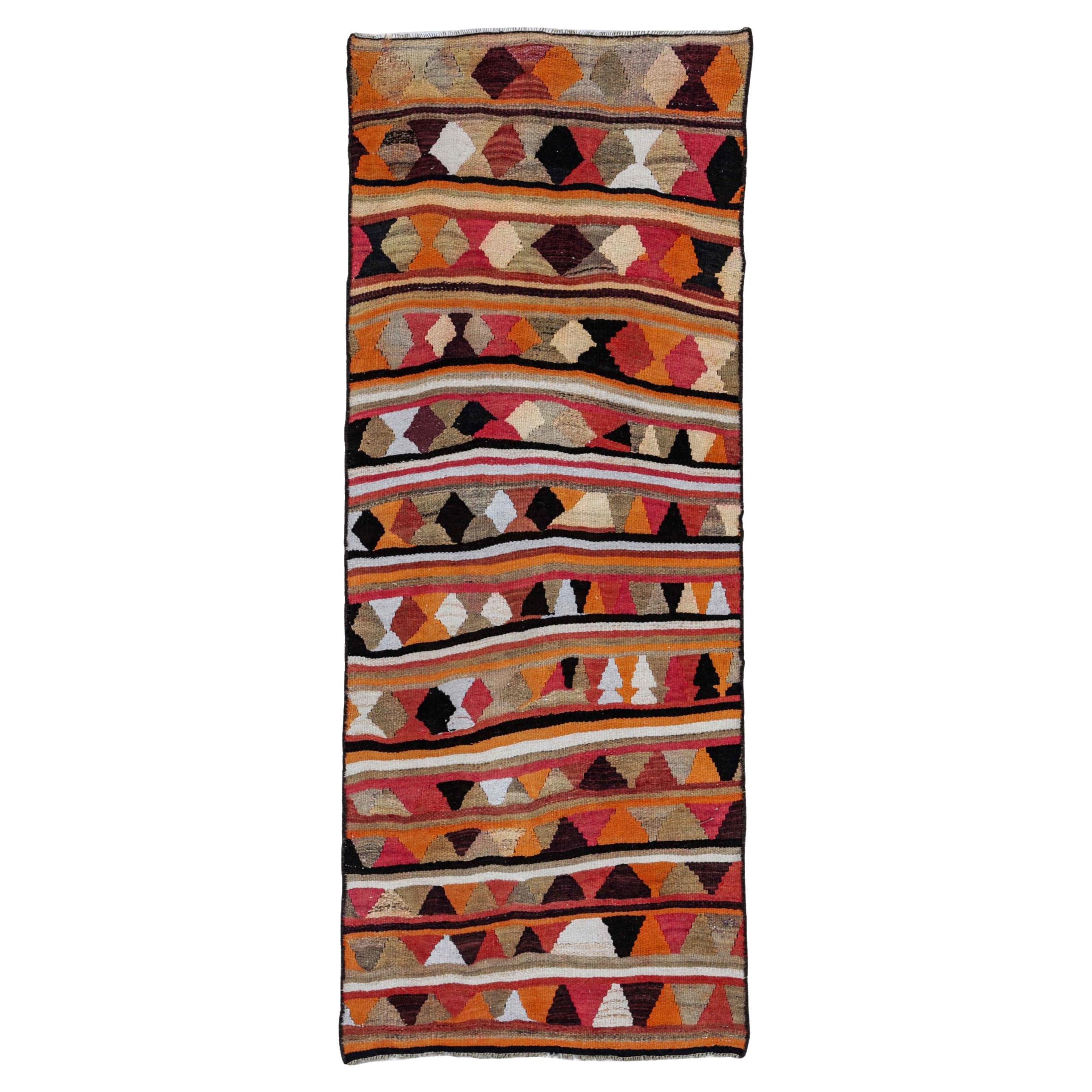 Persian Kilim Small Rug Circa 1910 - Wool Brown Ivory Orange Pink Design - 91238