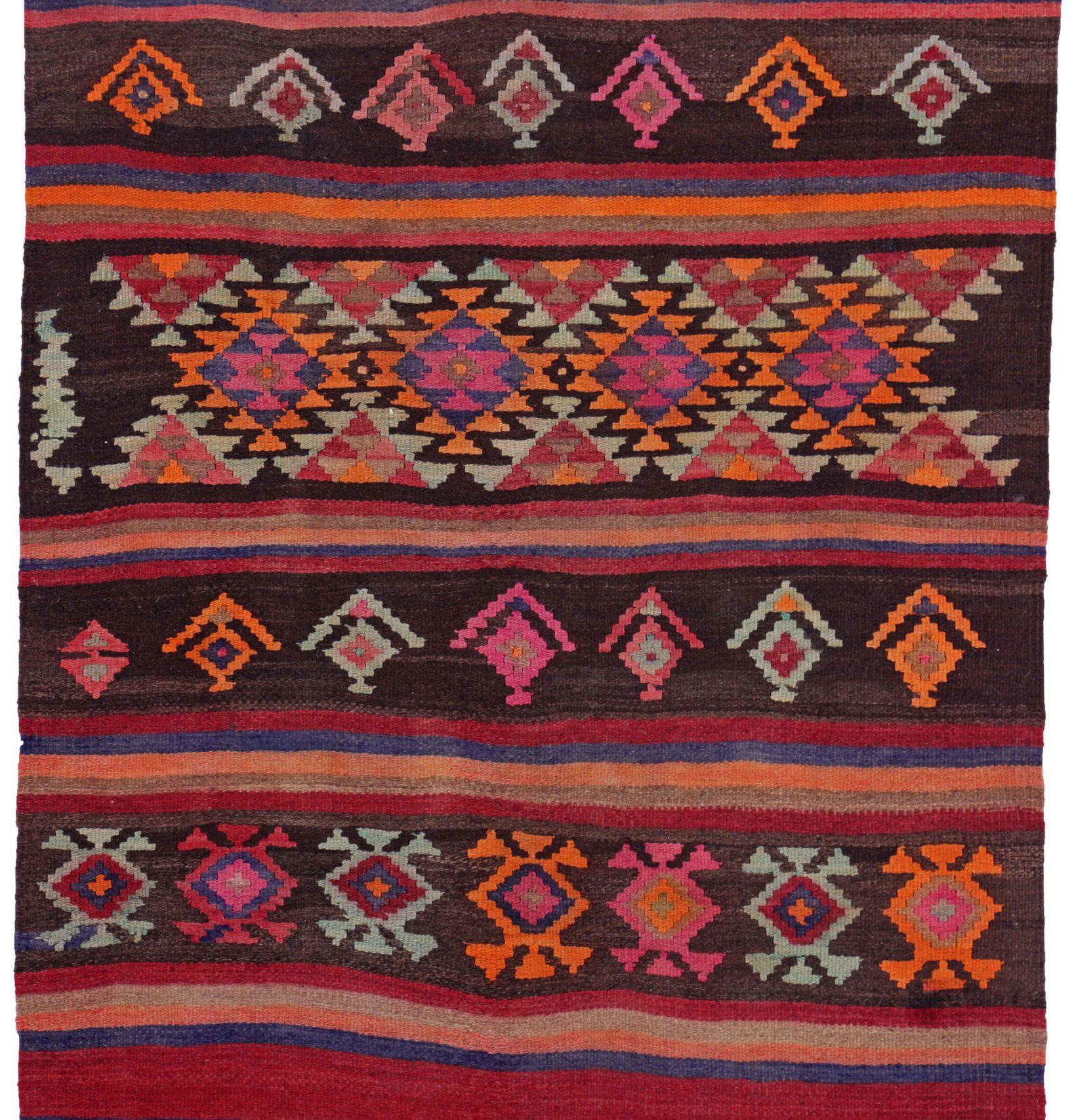 Persischer Kilim Kleiner Teppich CIRCA 1910 - Wolle Braun Elfenbein Orange Rosa Rot - 91459 (Asiatisch) im Angebot