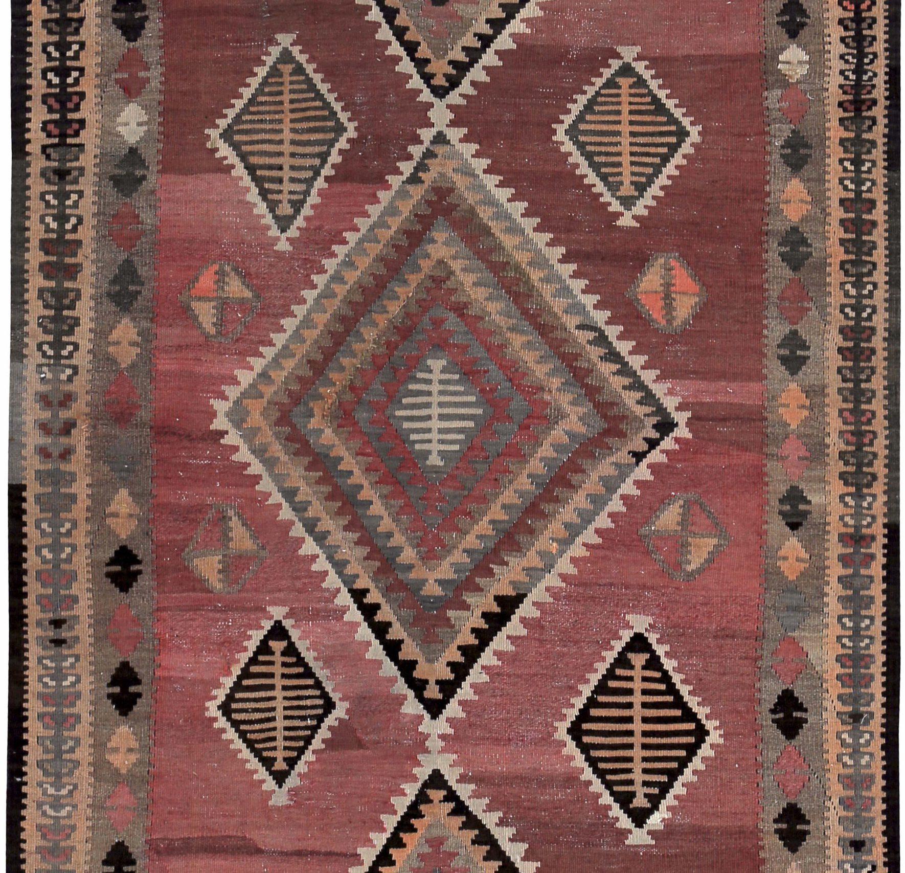 Persischer Kilim Kleiner Teppich Circa 1910 - Wolle Braun Elfenbein Rosa Design - 89435 (Asiatisch) im Angebot
