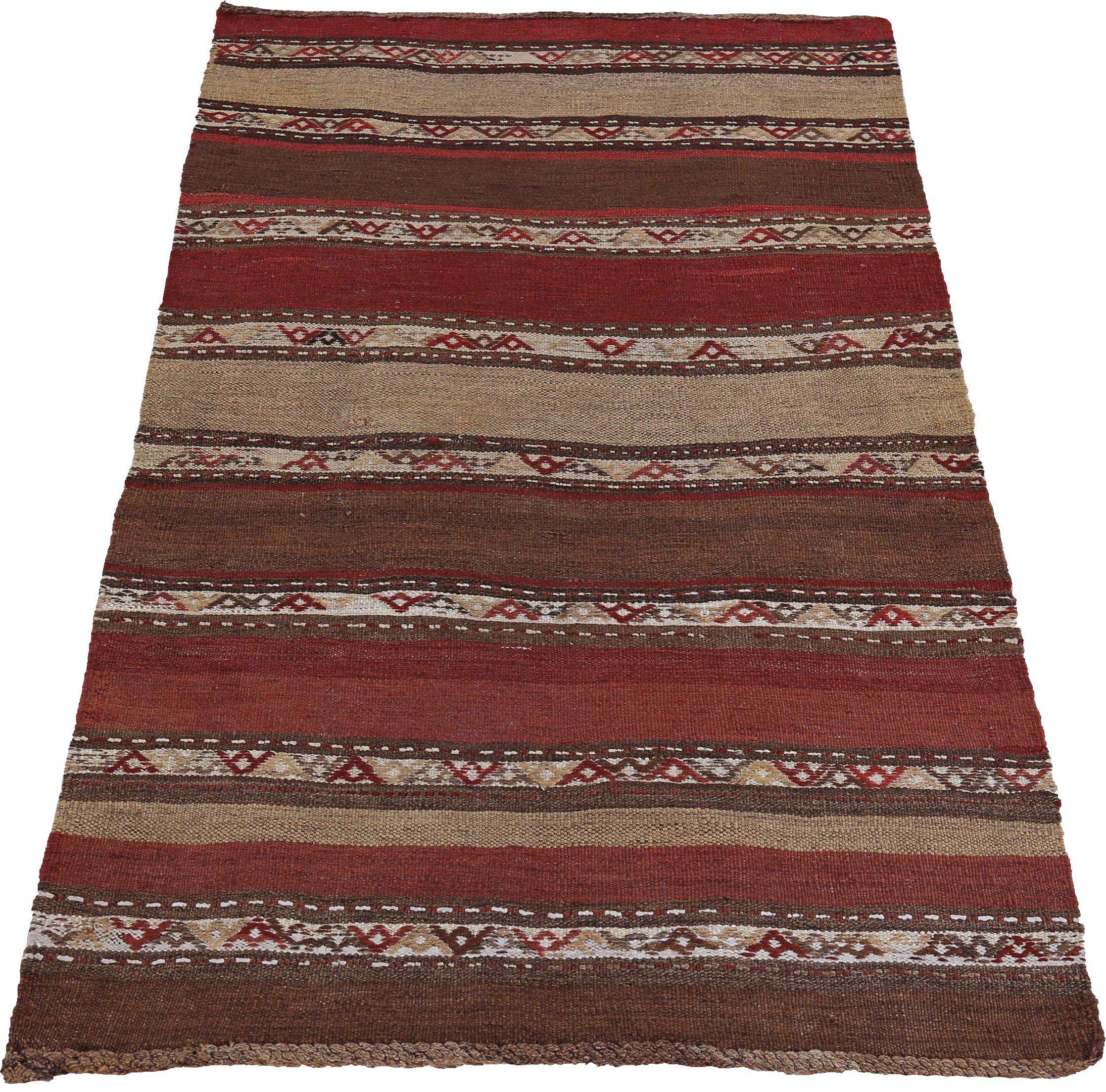 Entdecken Sie die Eleganz eines persischen Kilims mit einem kleinen Teppich von CIRCA 1910. Dieses exklusive Design aus Wolle und Braun-Elfenbein-Rot ist perfekt, um Ihren Raum zu verschönern.