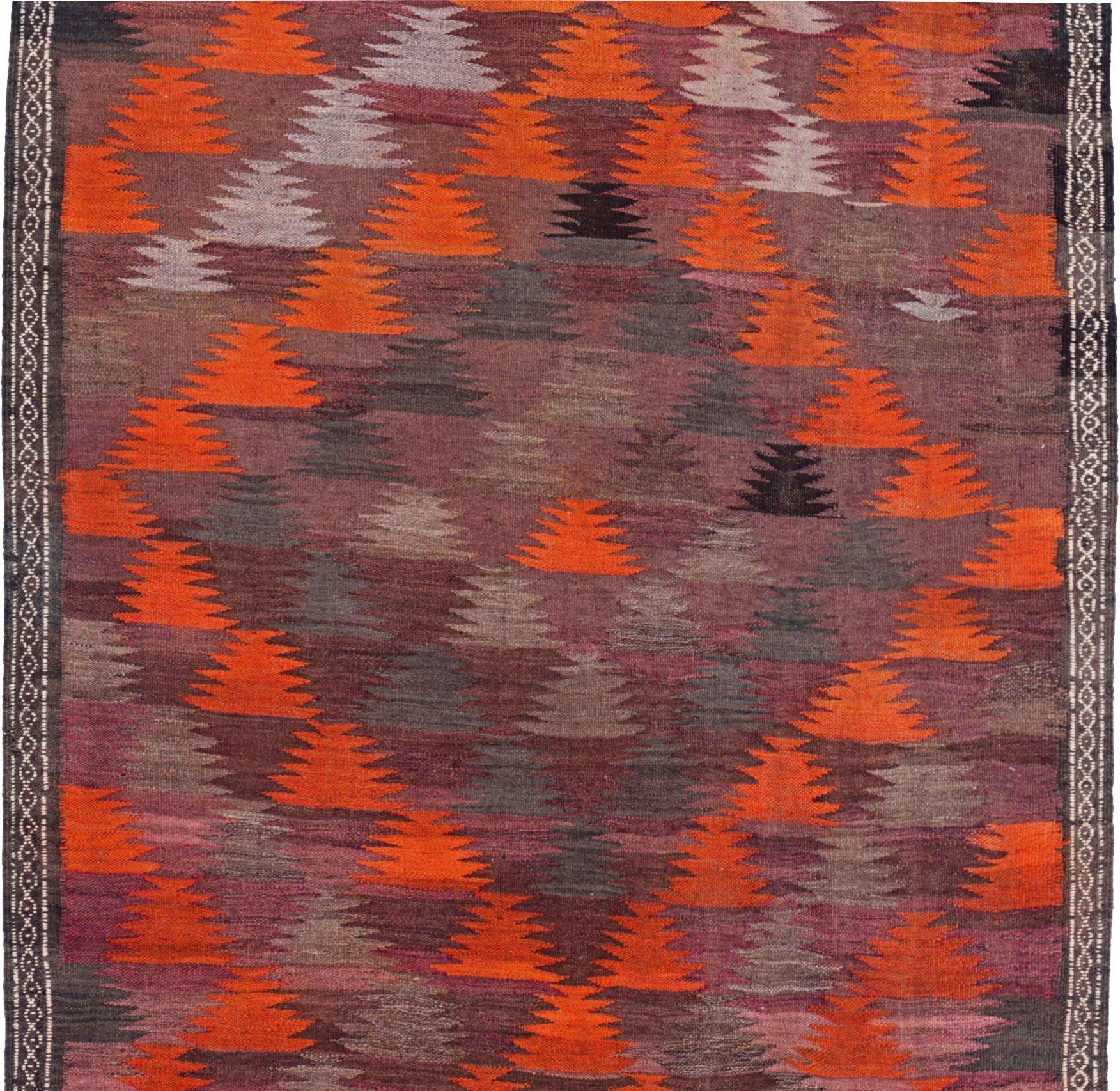 Asian Persian Kilim Small Rug Circa 1910 - Wool Brown Orange Purpel Design - 91329 For Sale