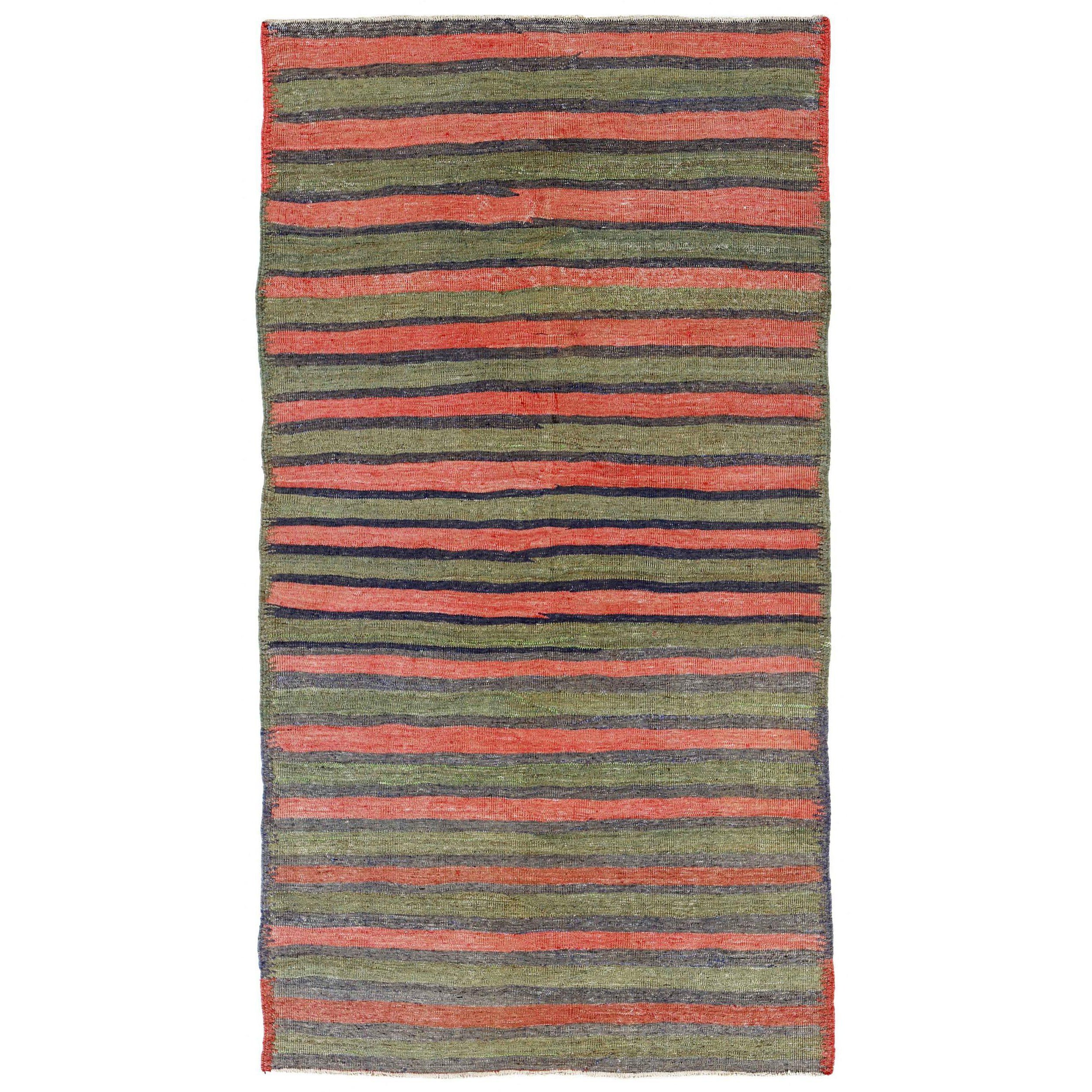 Petit tapis persan Kilim vers 1910 - Laine gris vert rouge motif - 91267