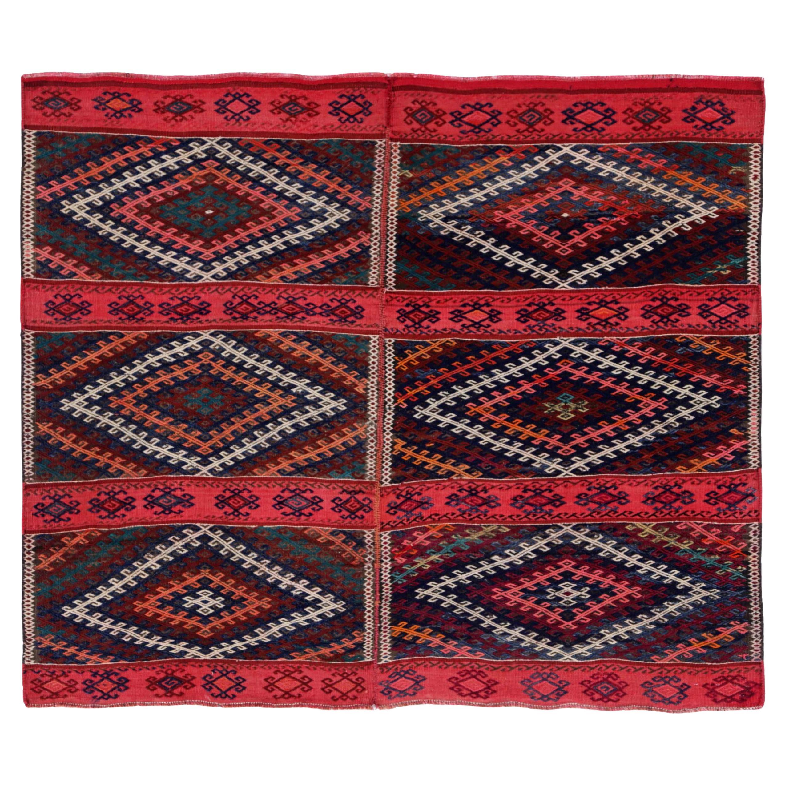 Tappeto persiano Kilim piccolo, circa 1910 - Lana Avorio Blu Navy Arancione Rosa - 91297