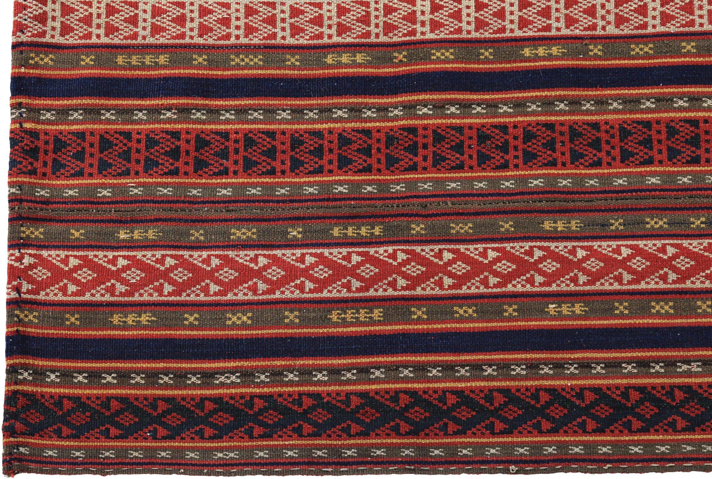 Persischer Kelim-Teppich Circa 1910 - Wolle Elfenbein Marineblau Rot Design - 89179 (Asiatisch) im Angebot