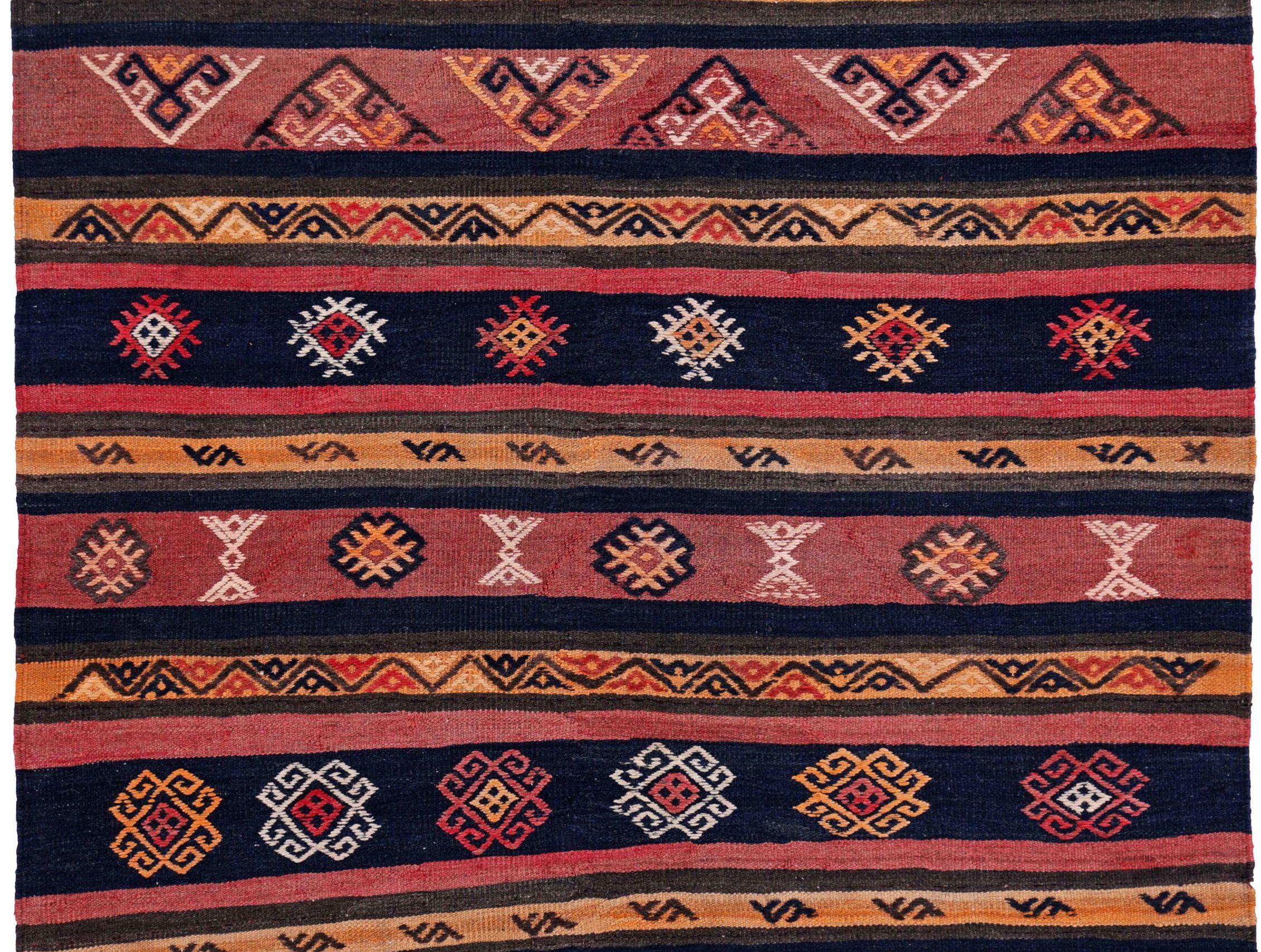 Alfombra Persa Kilim Pequeña Circa 1910 - Lana Azul Marino Rosa Amarillo Design - 91475 Asiático en venta