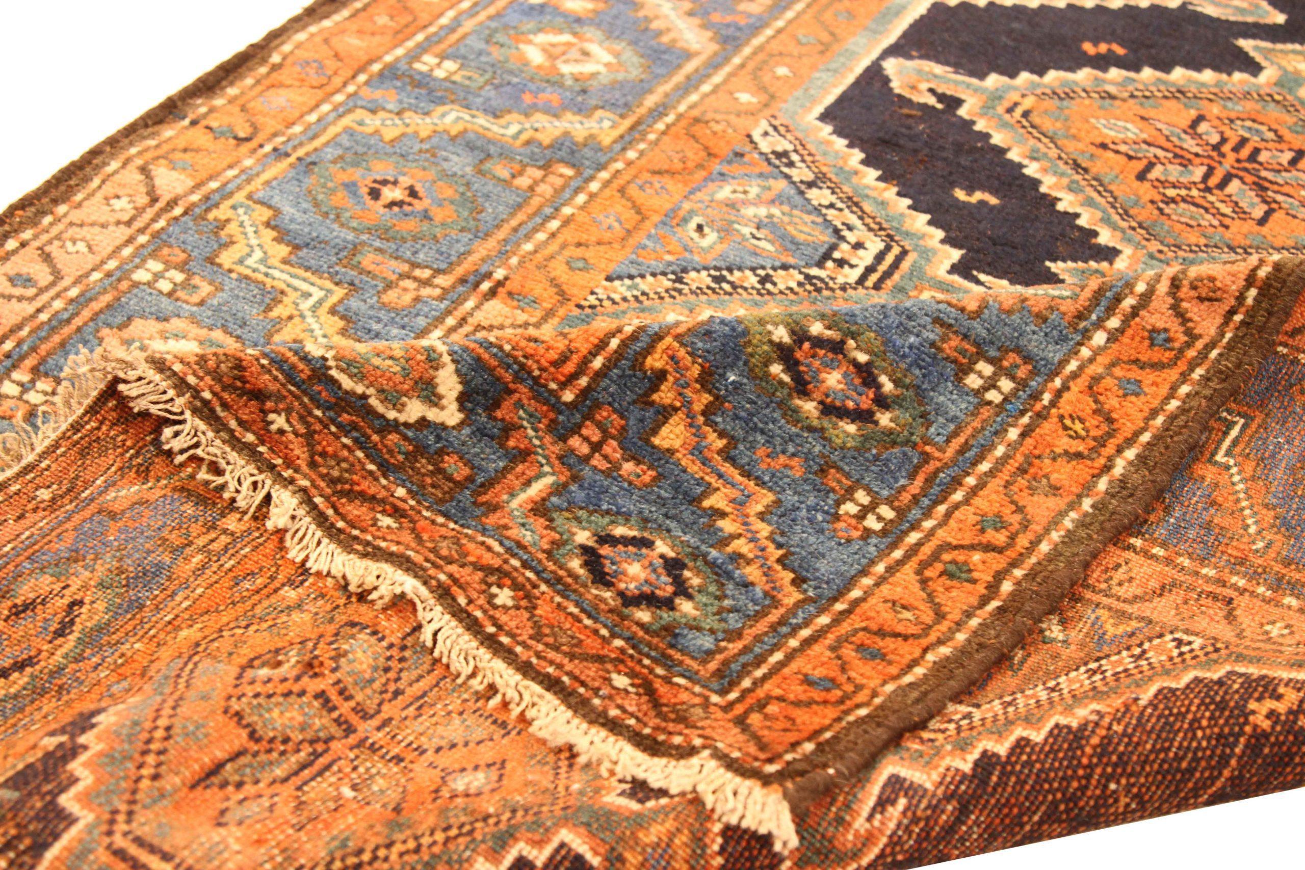 Asian Persian Kolyai Runner Rug - Wool Blue Navy Blue Red Design - 75151 For Sale