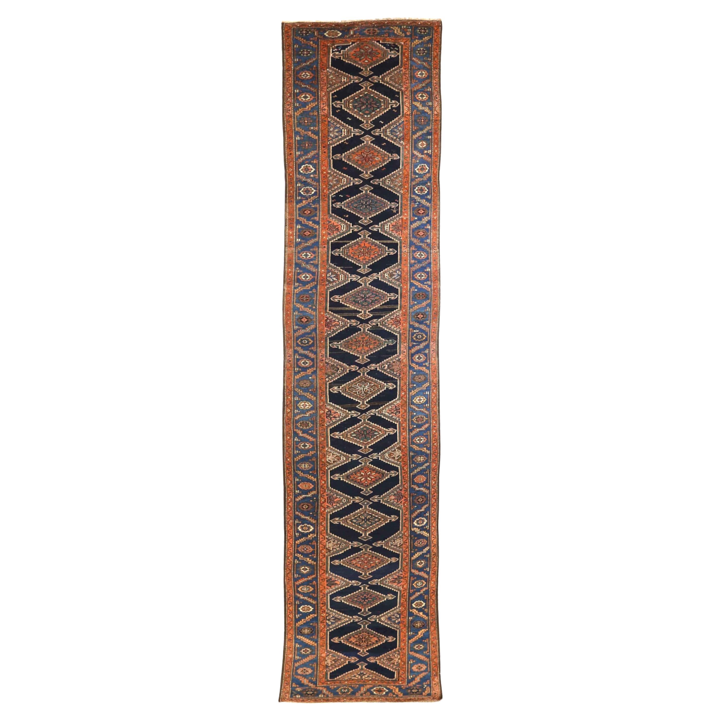 Persian Kolyai Runner Rug - Wool Blue Navy Blue Red Design - 75151 For Sale