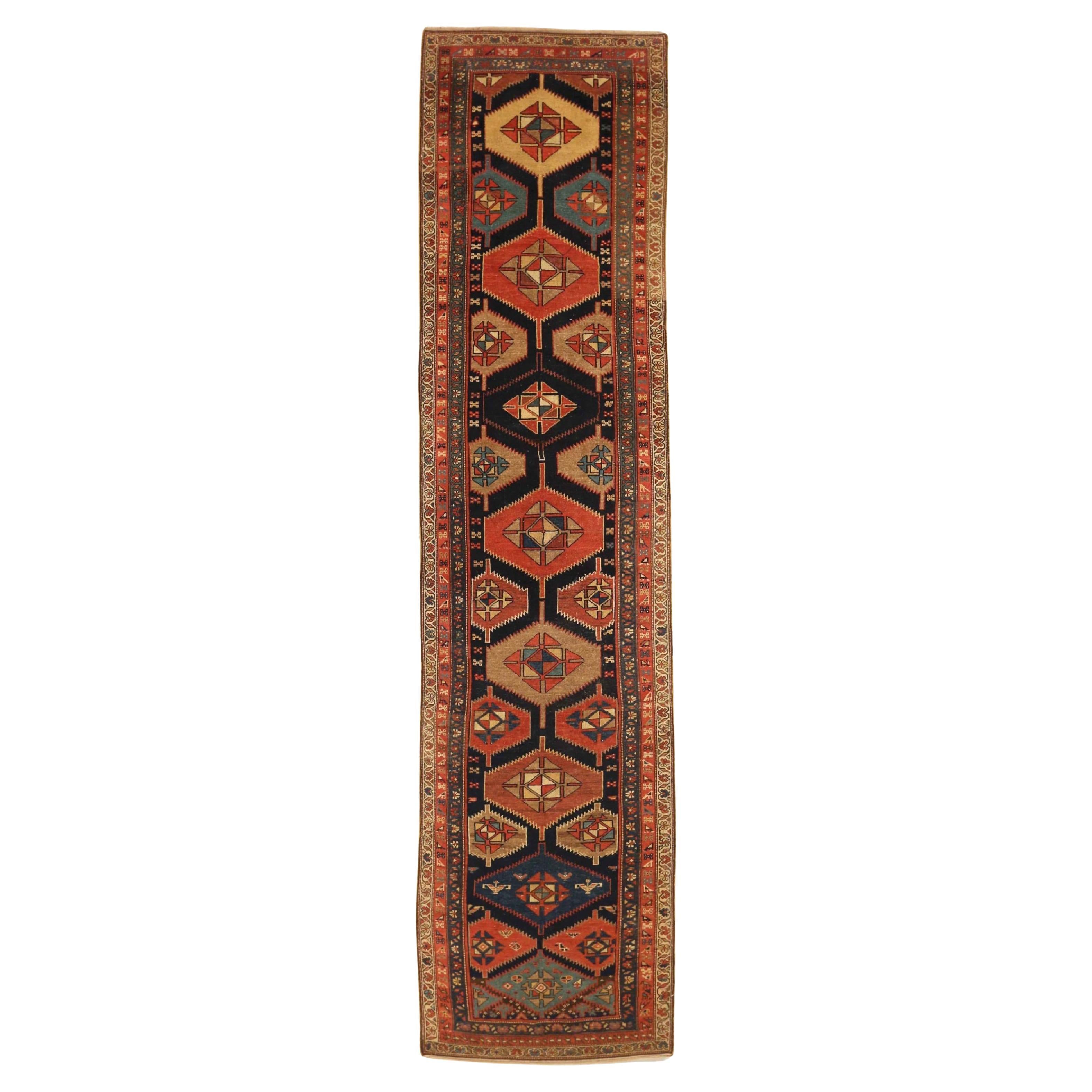 Persian Kolyai Runner Rug - Wool Ivory Navy Blue Red 71482