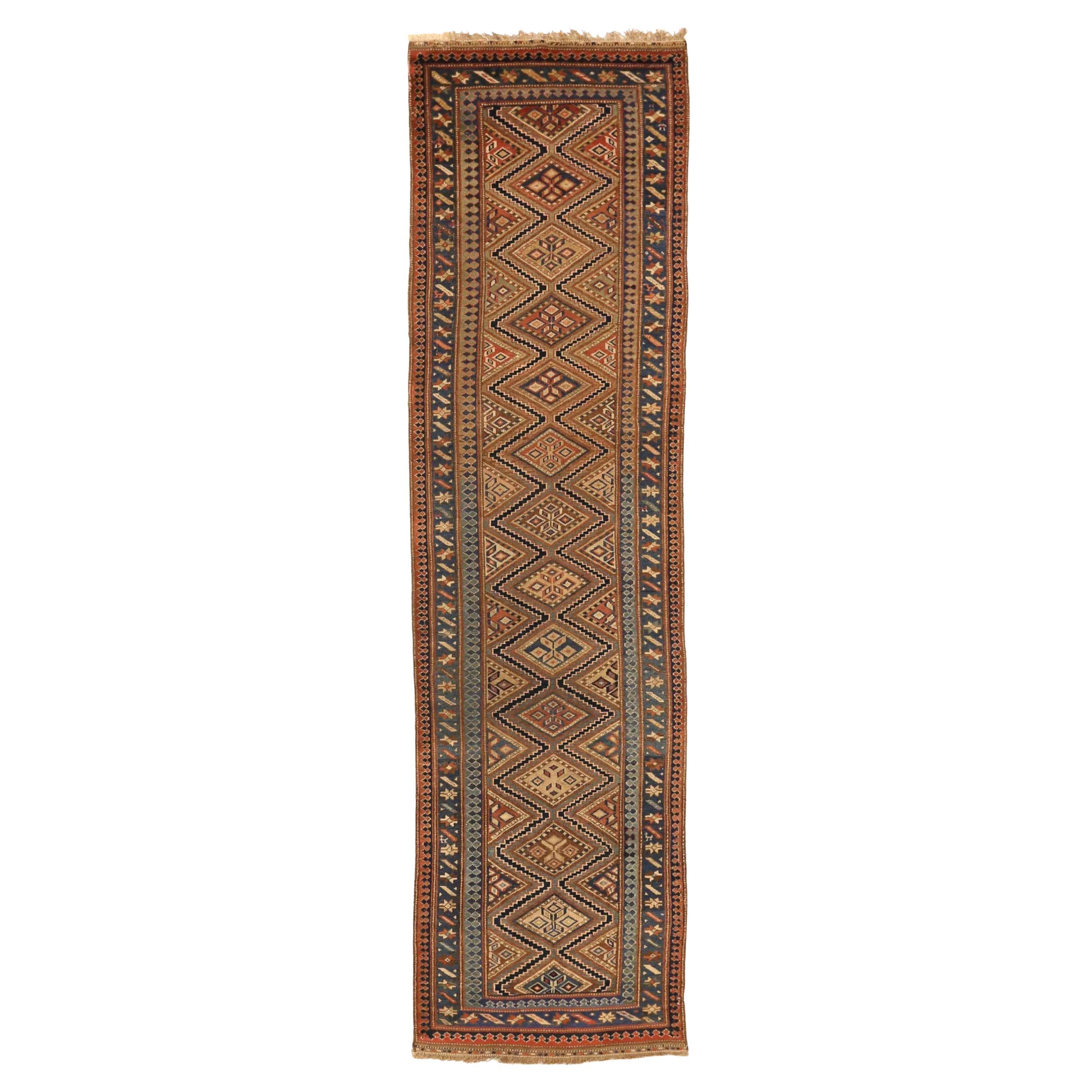 Persische Kolyai Läufer Teppich CIRCA 1910 - Wolle Blau Braun Rot Taupe Design - 75142