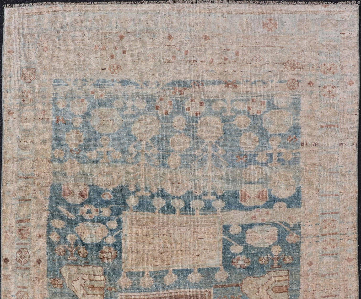 Hand-Knotted Persian Kurdish Antique Rug with Tribal Design in Light Blue, Teal, and Cream For Sale
