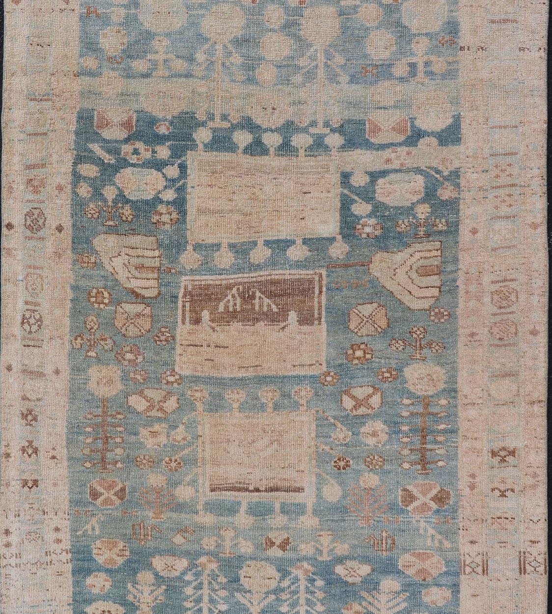 Persian Kurdish Antique Rug with Tribal Design in Light Blue, Teal, and Cream In Good Condition For Sale In Atlanta, GA