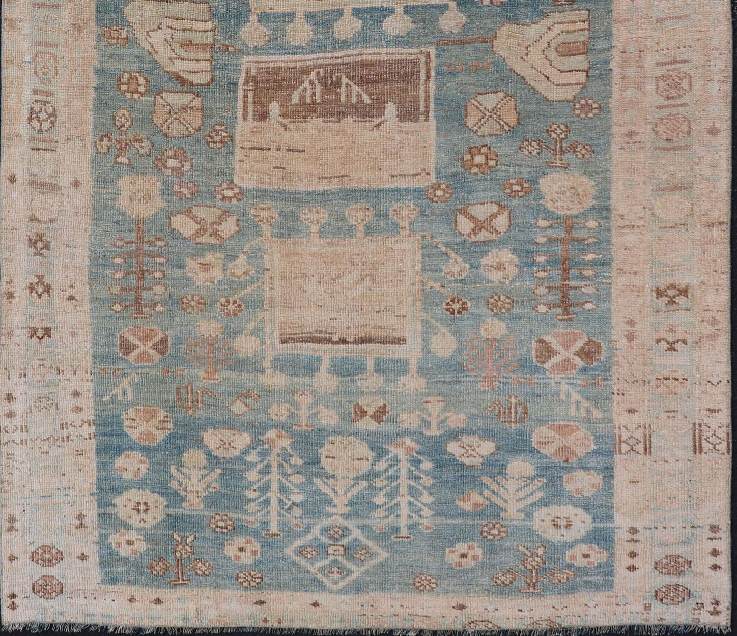 20th Century Persian Kurdish Antique Rug with Tribal Design in Light Blue, Teal, and Cream For Sale