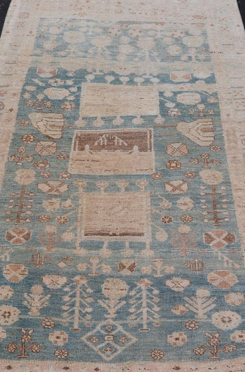 Wool Persian Kurdish Antique Rug with Tribal Design in Light Blue, Teal, and Cream For Sale