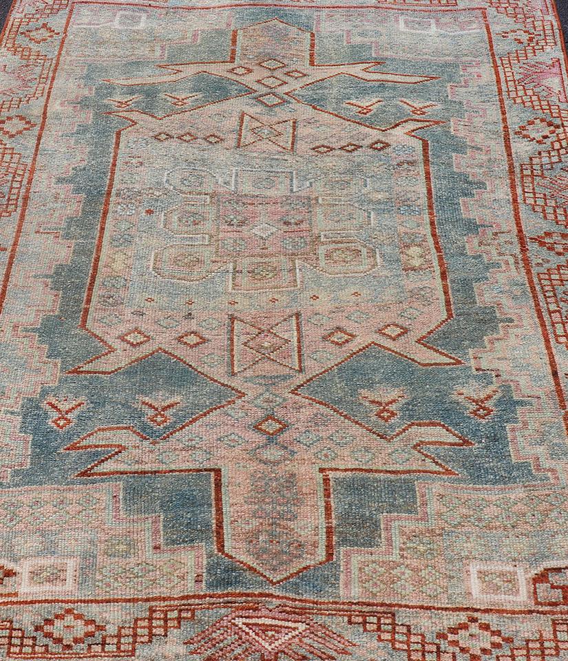 Persian Kurdish Antique Rug with Tribal Design in Light Blue, Teal, Taupe & Red For Sale 4