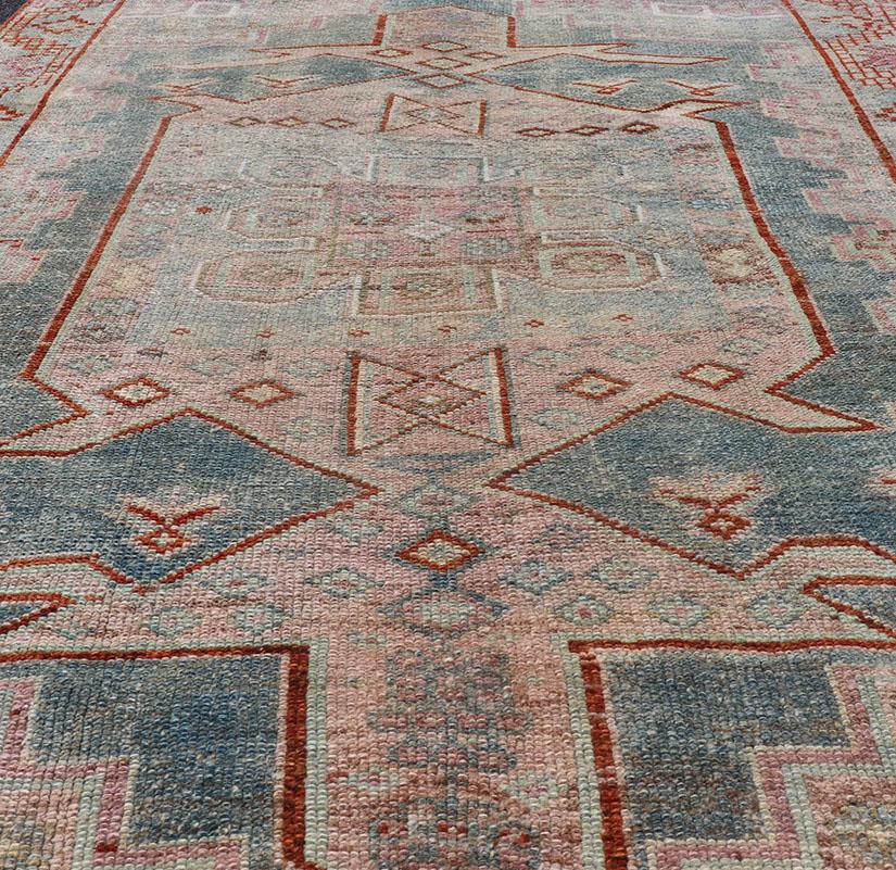 Persian Kurdish Antique Rug with Tribal Design in Light Blue, Teal, Taupe & Red For Sale 5