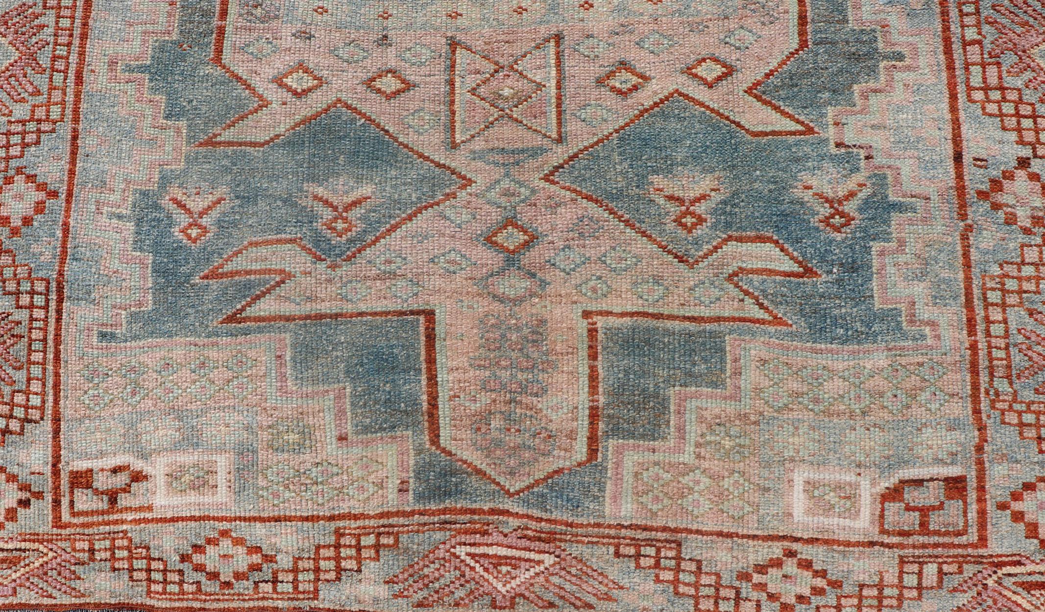 Hand-Knotted Persian Kurdish Antique Rug with Tribal Design in Light Blue, Teal, Taupe & Red For Sale