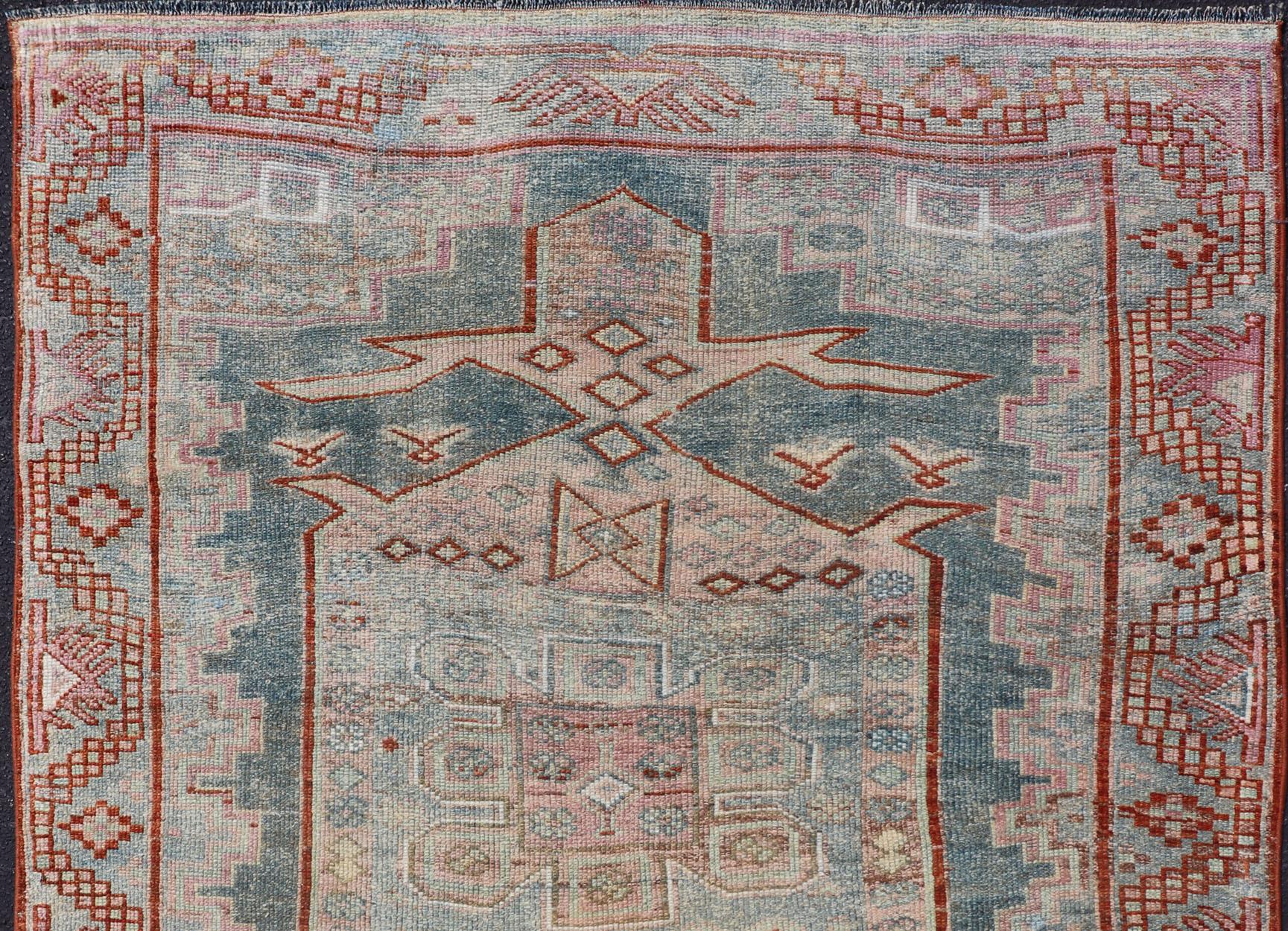 20th Century Persian Kurdish Antique Rug with Tribal Design in Light Blue, Teal, Taupe & Red For Sale