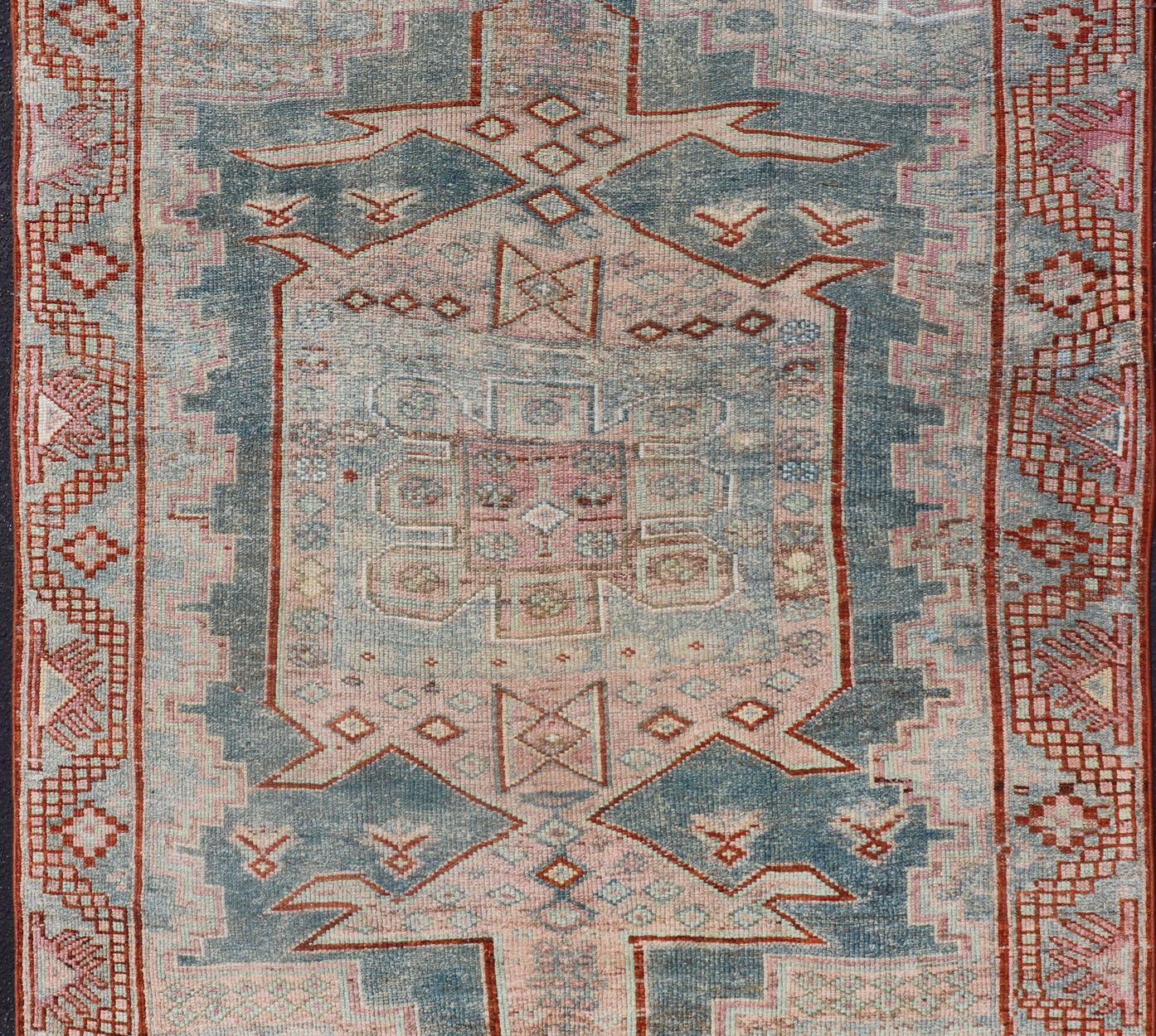 Wool Persian Kurdish Antique Rug with Tribal Design in Light Blue, Teal, Taupe & Red For Sale