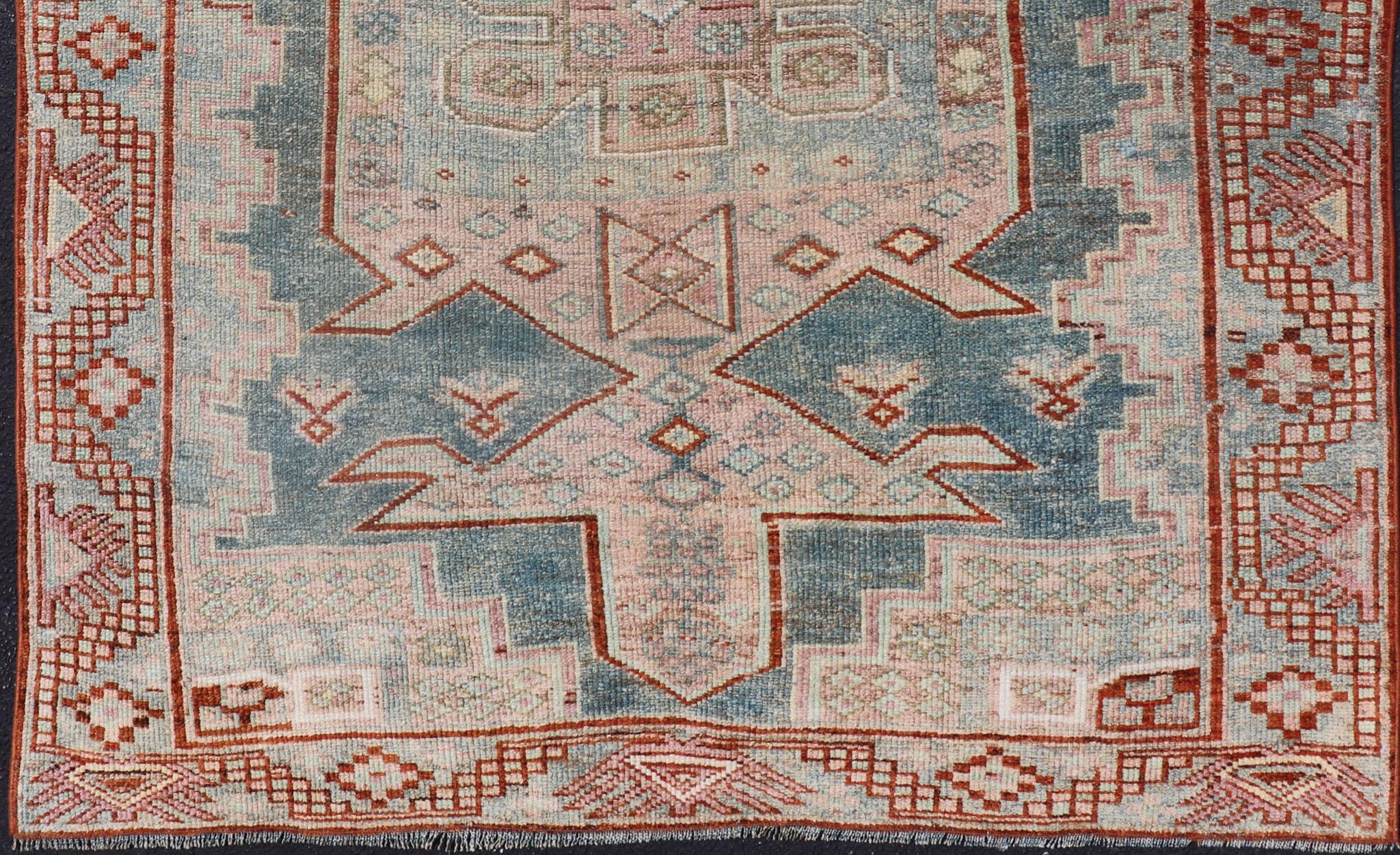 Persian Kurdish Antique Rug with Tribal Design in Light Blue, Teal, Taupe & Red For Sale 1