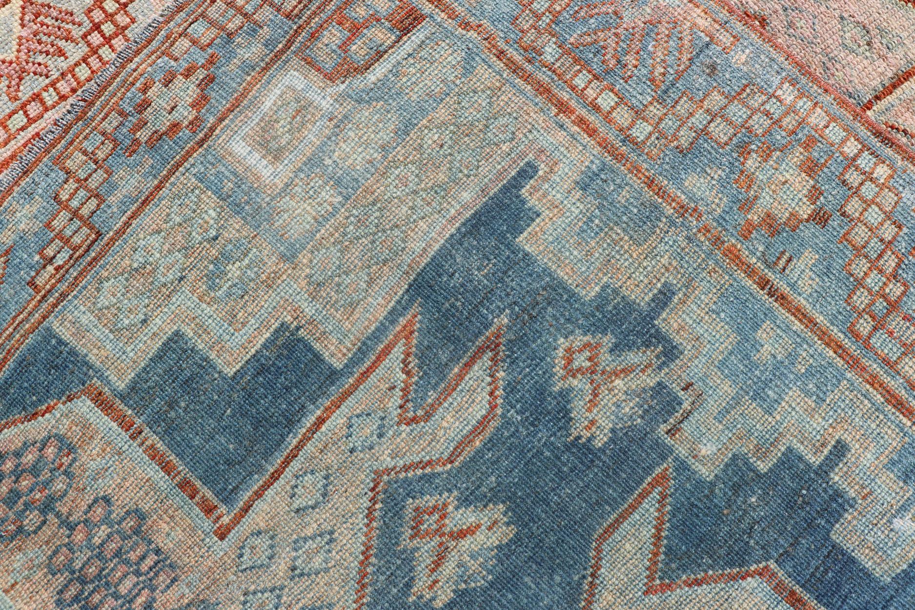 Persian Kurdish Antique Rug with Tribal Design in Light Blue, Teal, Taupe & Red For Sale 2