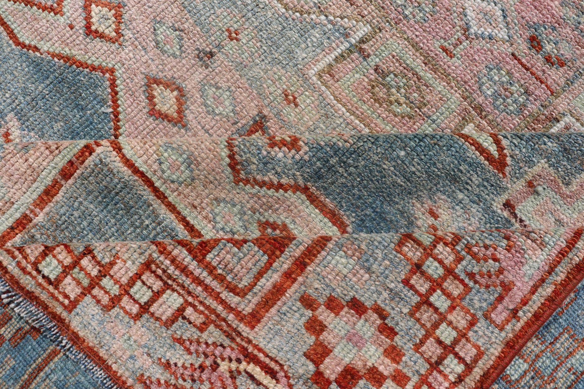 Persian Kurdish Antique Rug with Tribal Design in Light Blue, Teal, Taupe & Red For Sale 3