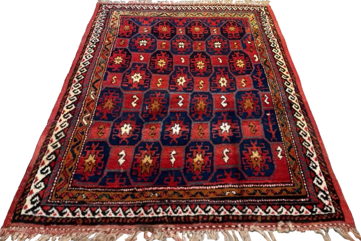 Hand-Woven Persian Kurdish Area Rugs - Navy & Red Design For Sale