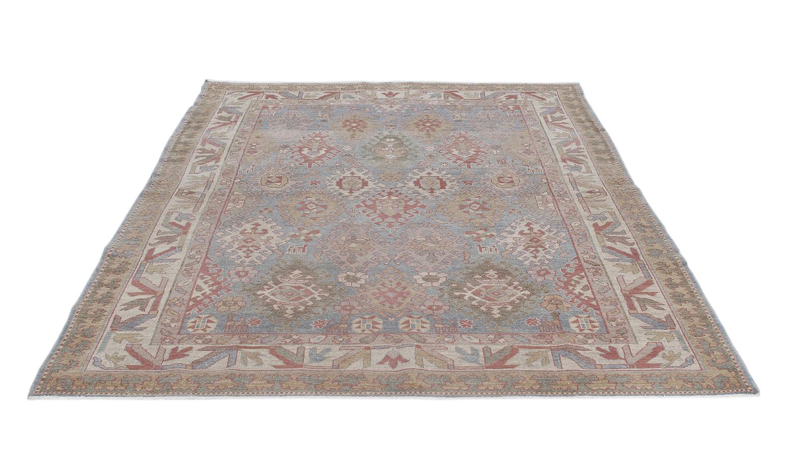 Tribal Persian Kurdish Hand Knotted Rug in Pale Blue, Camel and Ivory Colors For Sale
