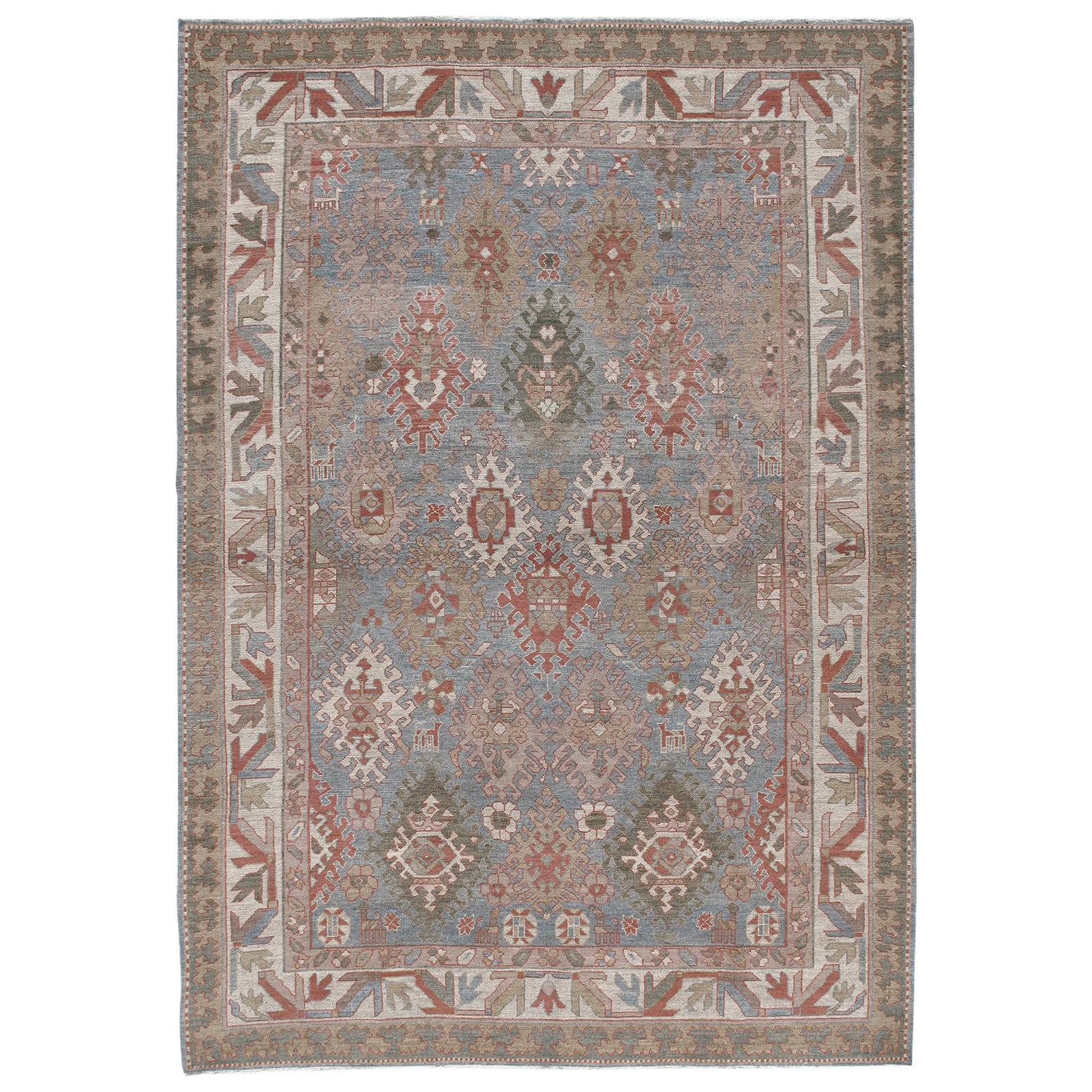 Persian Kurdish Hand Knotted Rug in Pale Blue, Camel and Ivory Colors