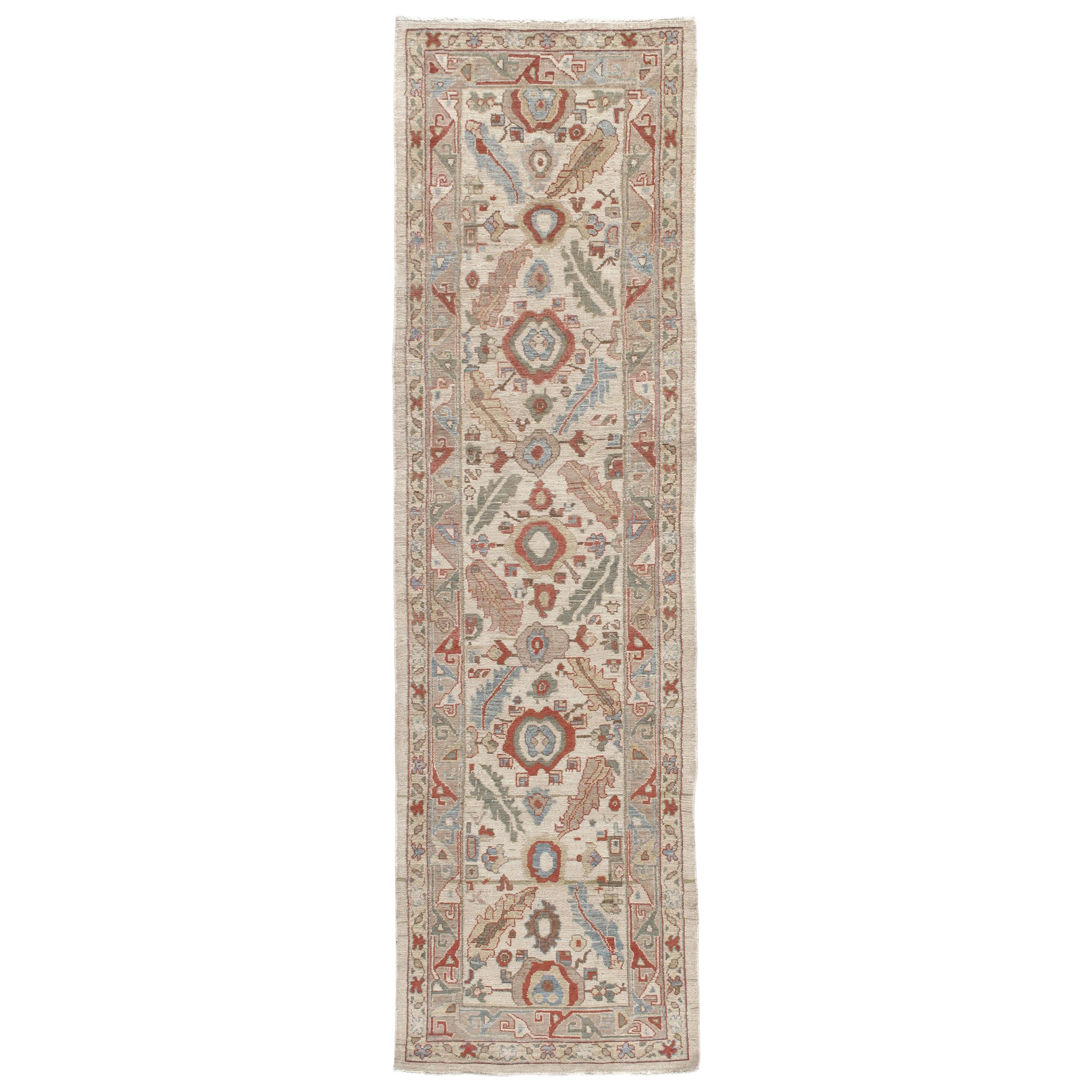 Persian Kurdish Hand Knotted Runner Rug in Camel, Pale Blue, and Ivory Color For Sale