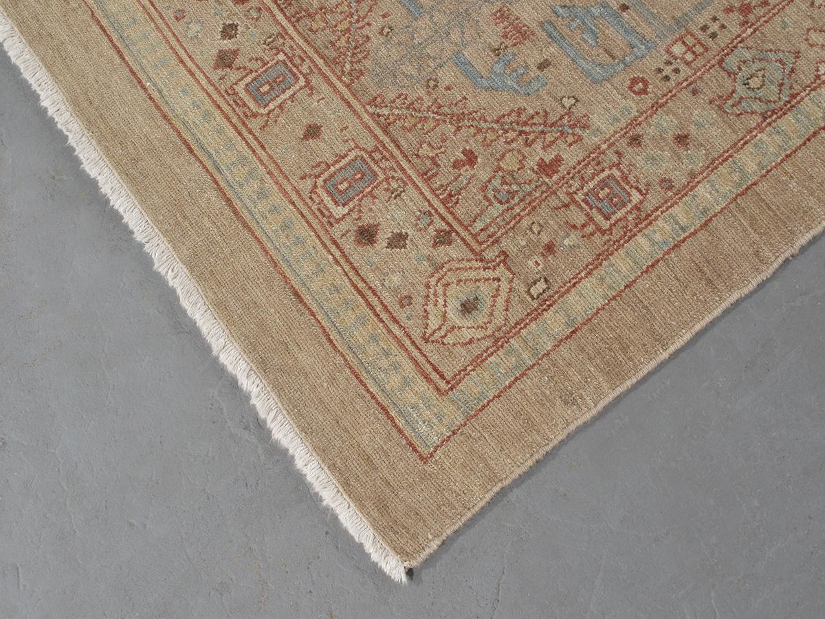 Tribal Persian Traditional Kurdish Hand Knotted Runner Rug in Camel, Pale Blue, and Red For Sale