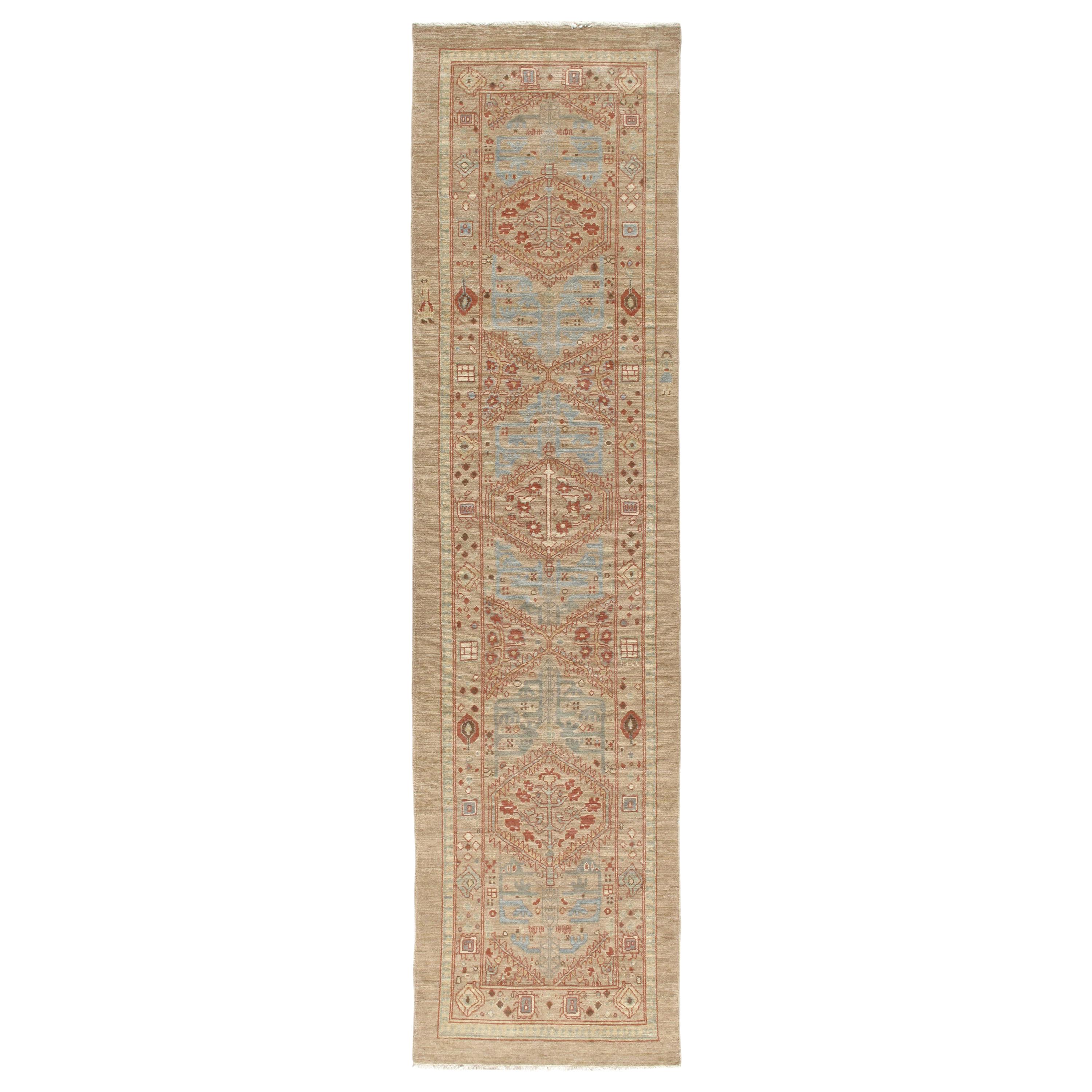 Persian Traditional Kurdish Hand Knotted Runner Rug in Camel, Pale Blue, and Red For Sale