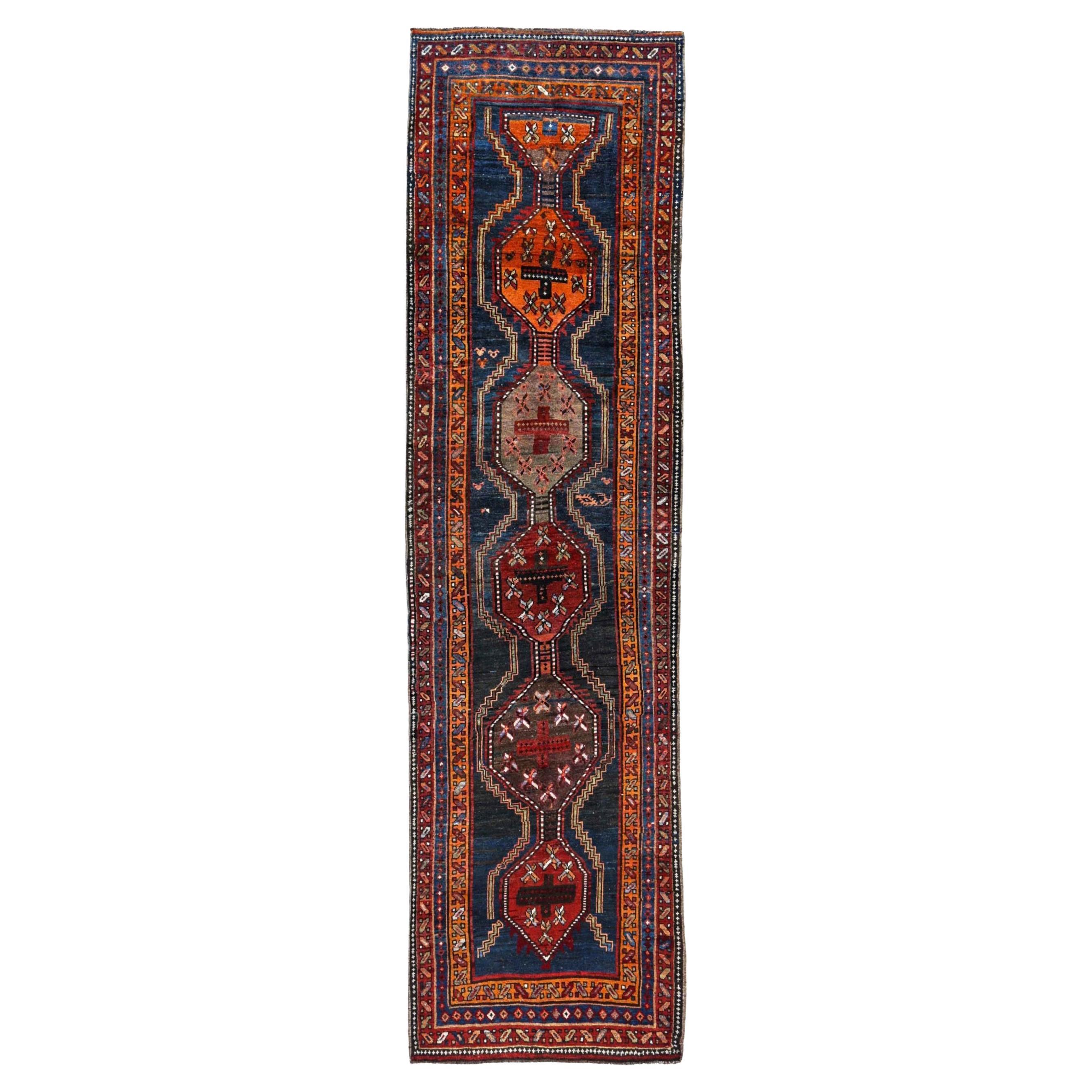 Persischer Kurdischer Läufer Circa 1910 - Wolle Marineblau Orange Rot Design - 91181