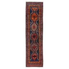 Persischer Kurdischer Läufer Circa 1910 - Wolle Marineblau Orange Rot Design - 91181