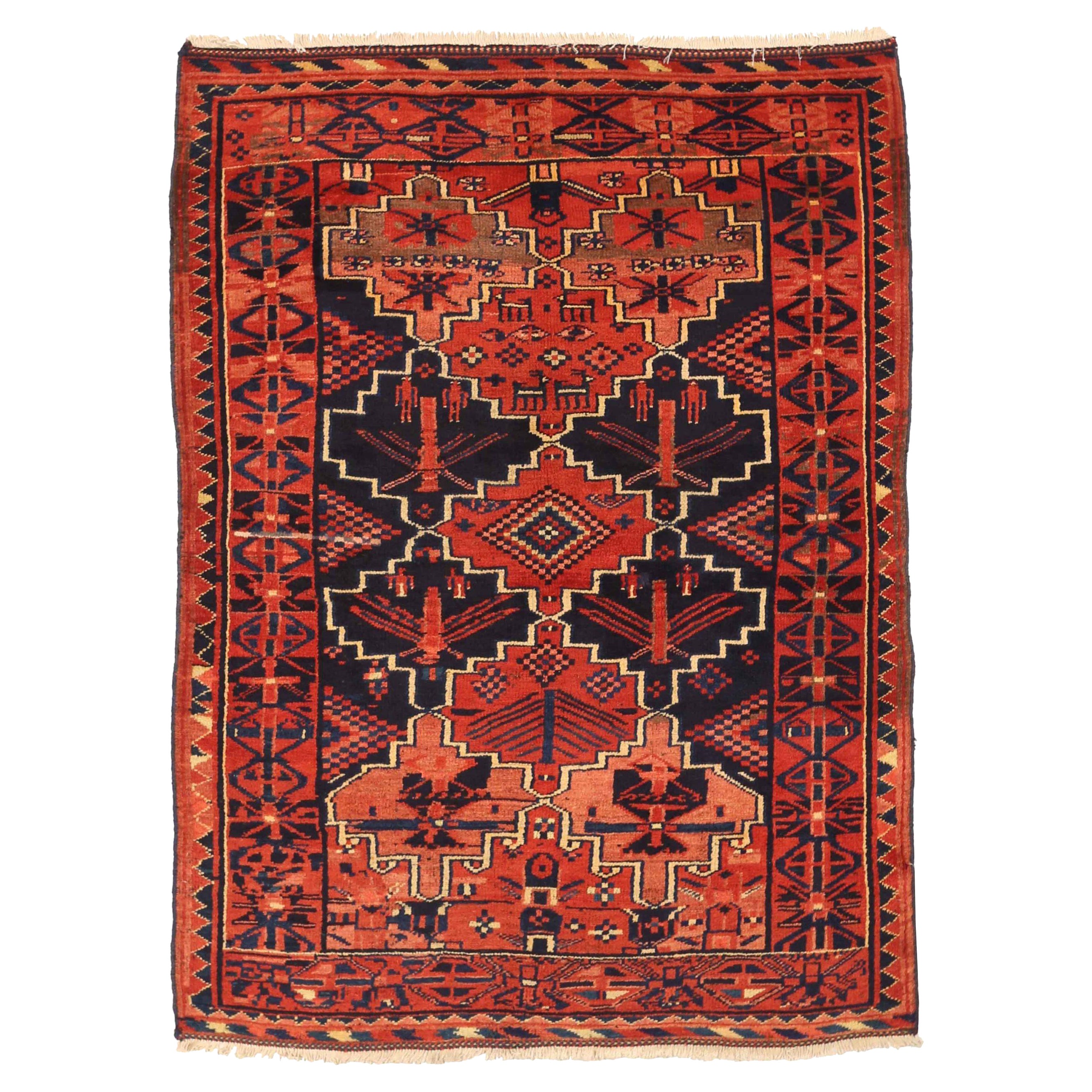 Petit tapis persan kurde - Laine ivoire bleu marine bleu rouge 75026