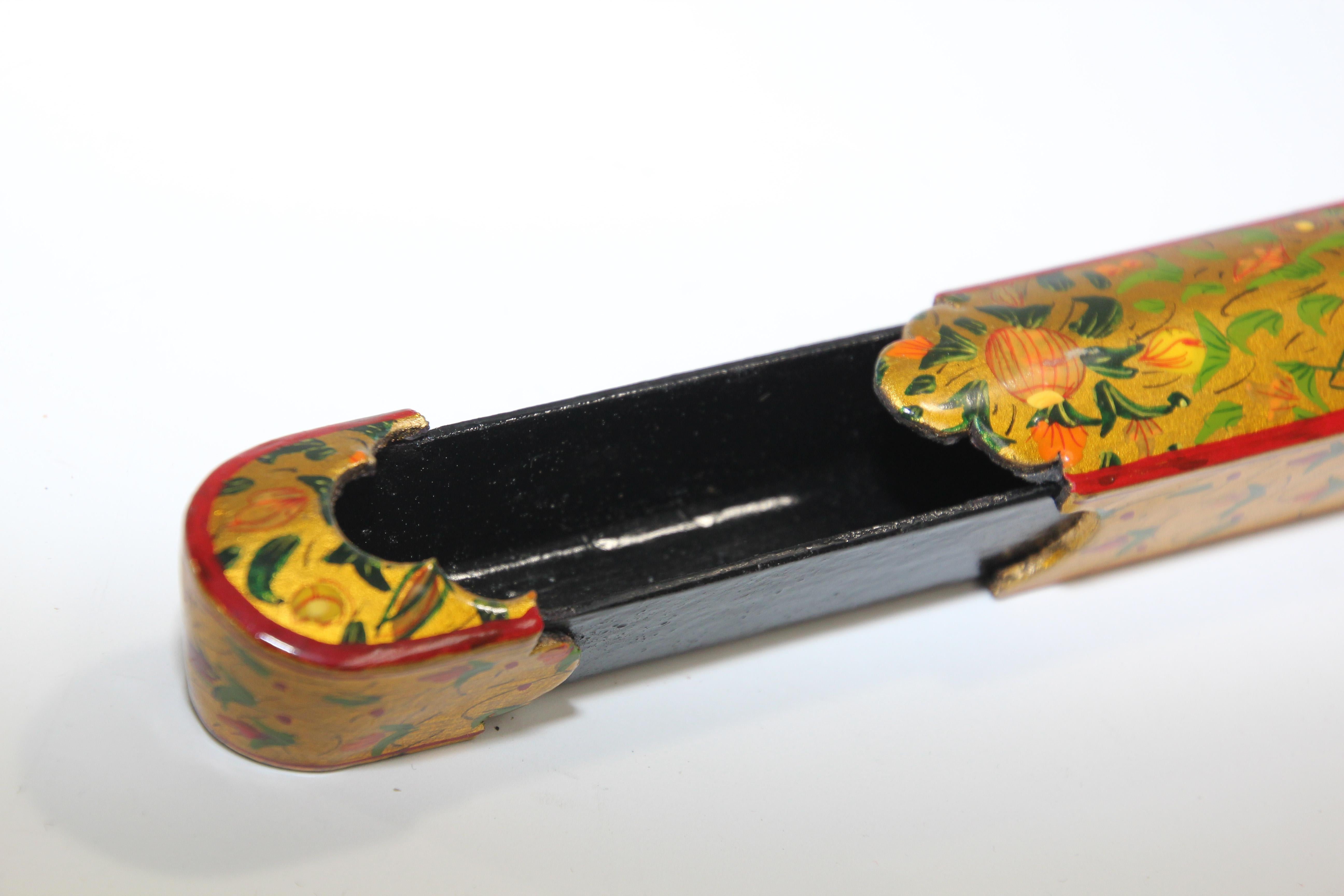 Persian Lacquer Pen Box Hand Painted with Floral and Gilt Design For Sale 4