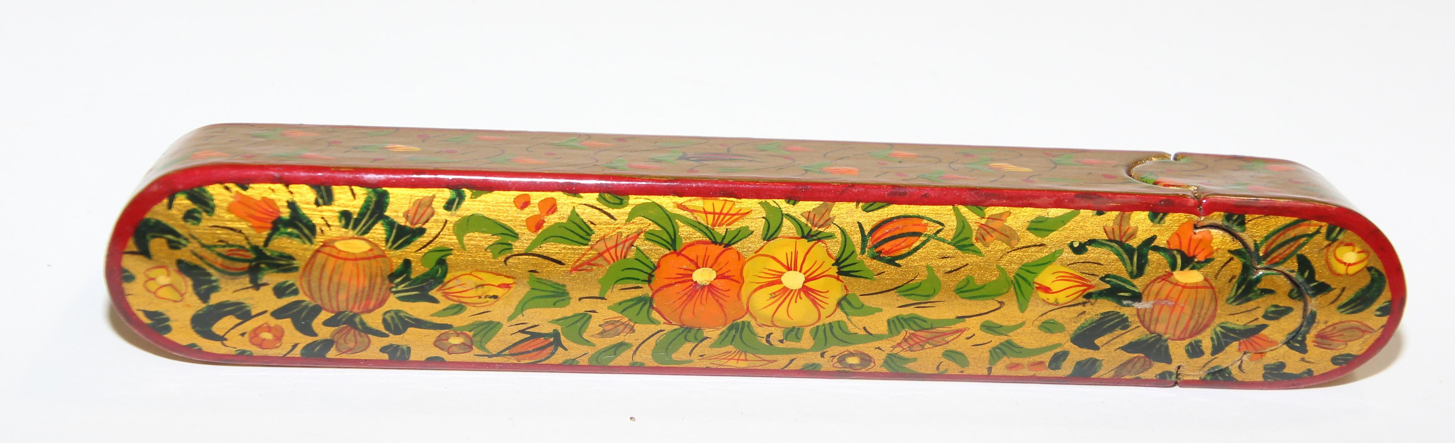 Moorish Persian Lacquer Pen Box Hand Painted with Floral and Gilt Design For Sale