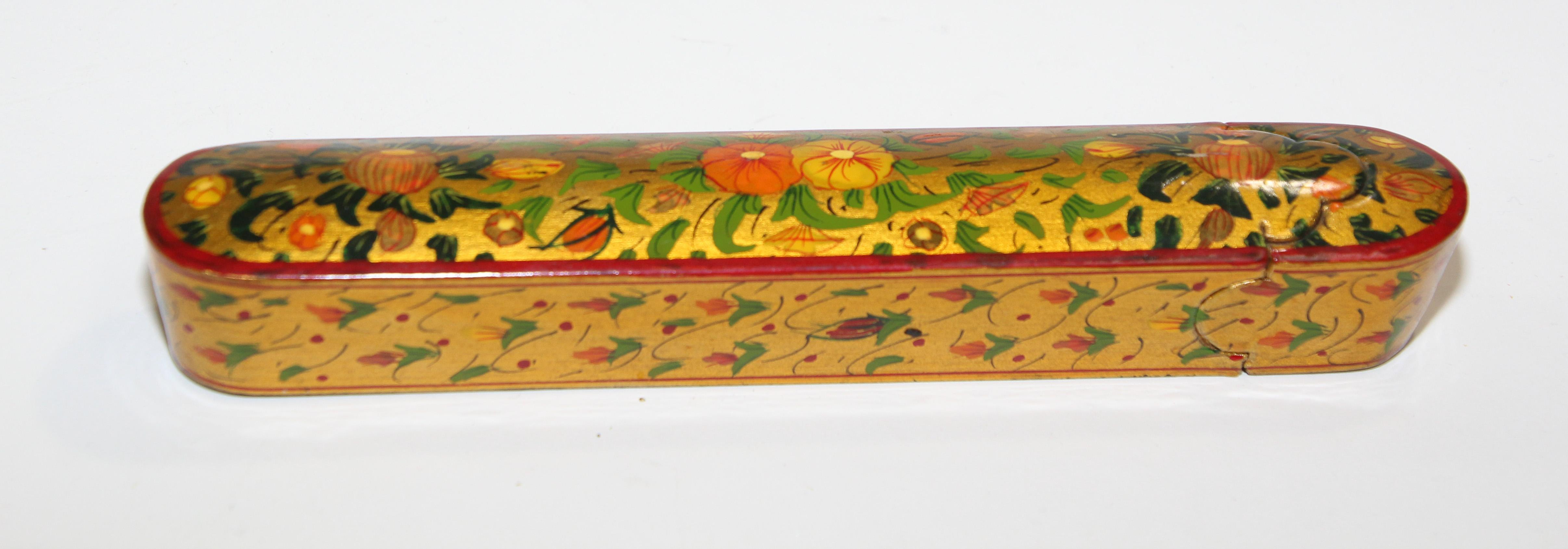 Indian Persian Lacquer Pen Box Hand Painted with Floral and Gilt Design For Sale