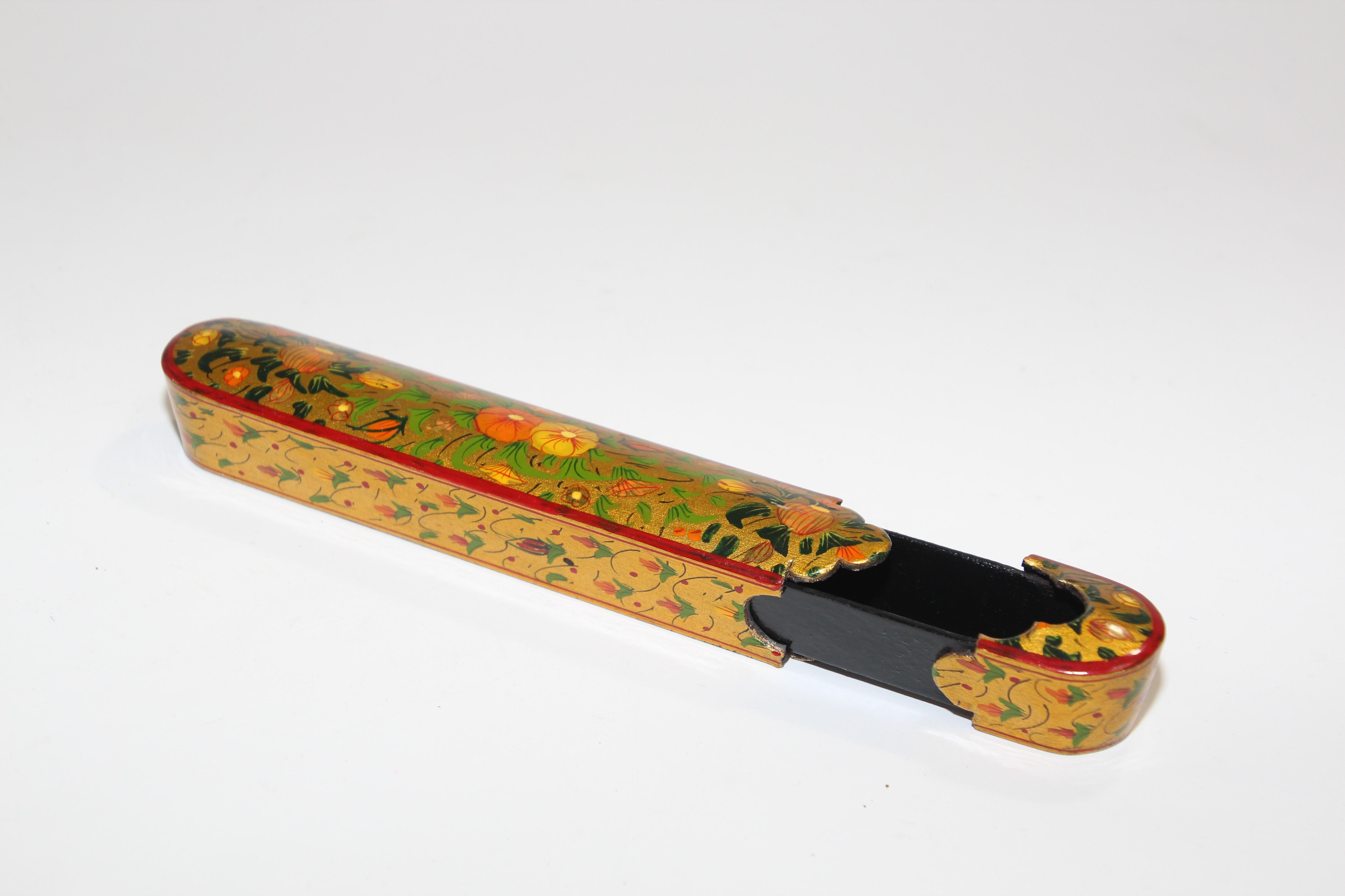 Hand-Painted Persian Lacquer Pen Box Hand Painted with Floral and Gilt Design For Sale