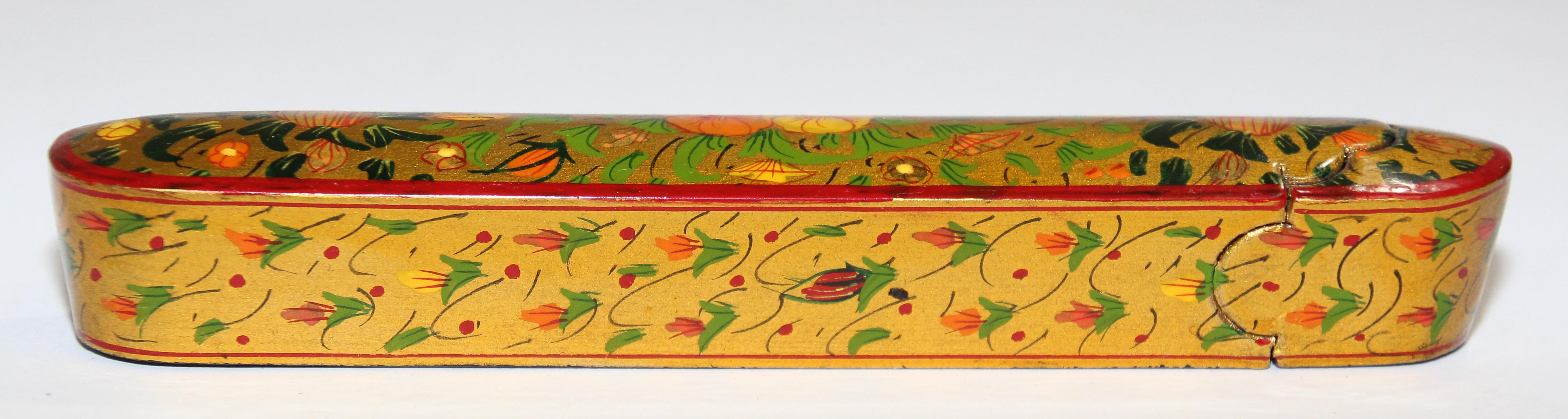 20th Century Persian Lacquer Pen Box Hand Painted with Floral and Gilt Design For Sale